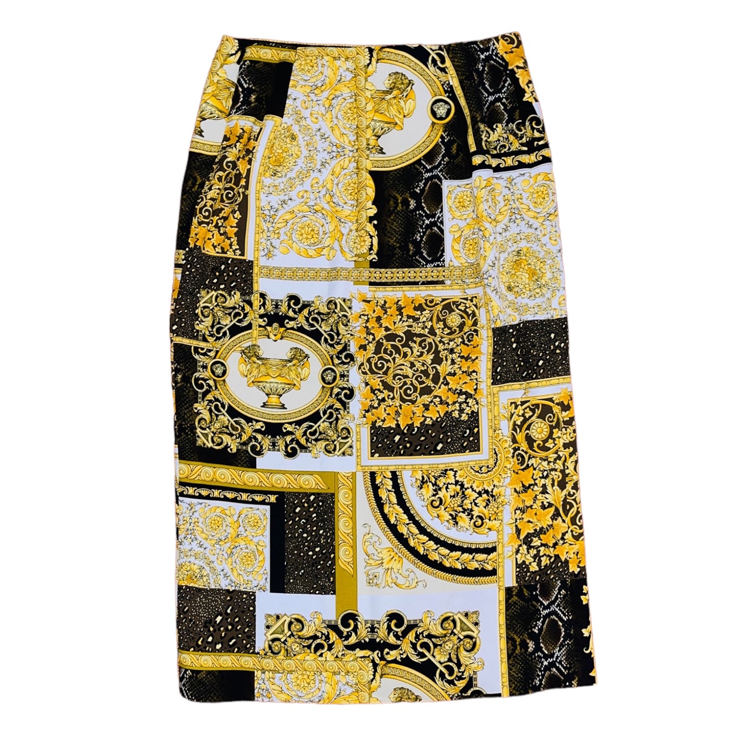 VERSACE Gold and Black Barocco Animal Print Hoop Cutout Midi Skirt - IT 42