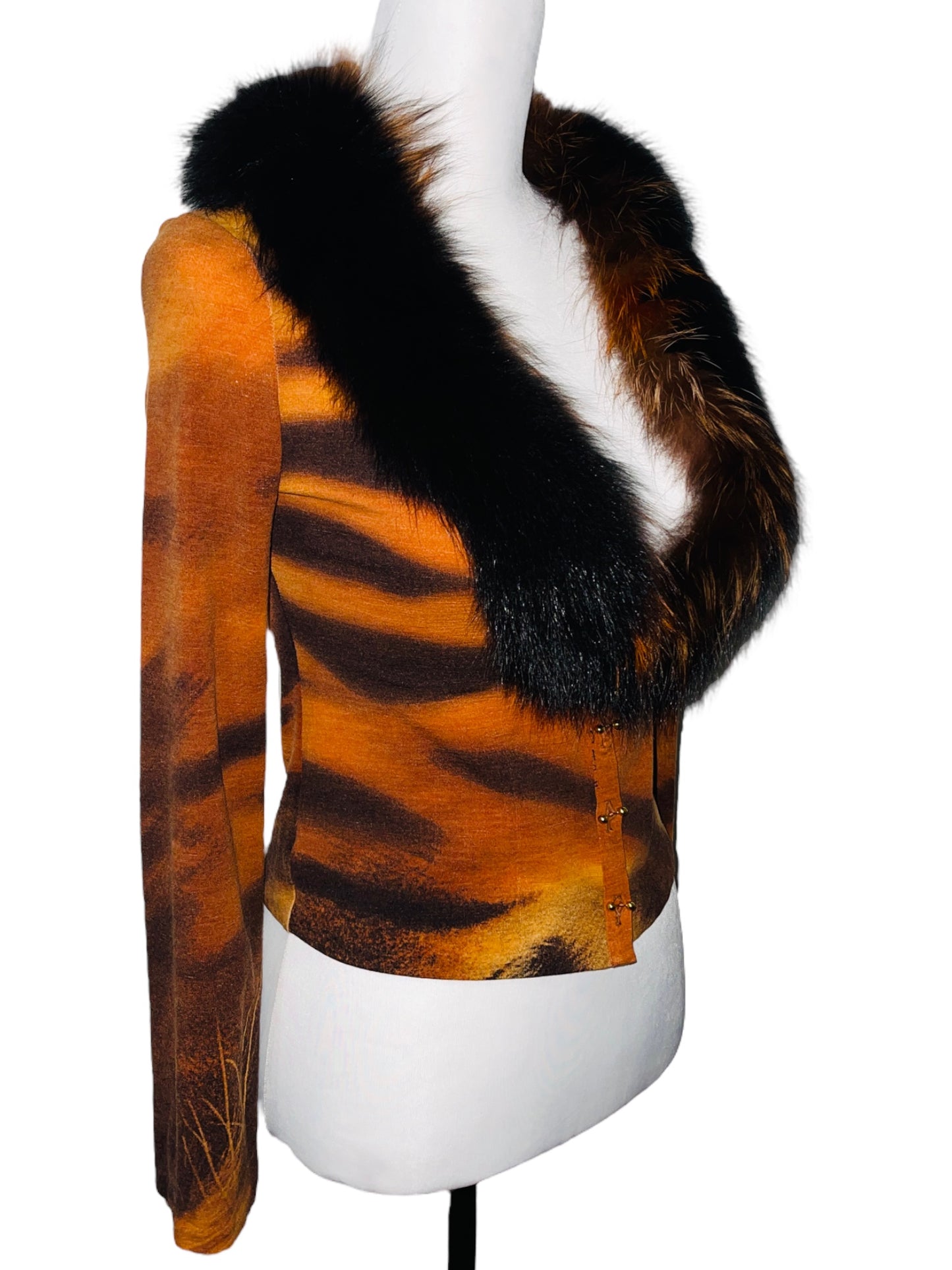 ROBERTO CAVALLI F/W 2000 Orange Tiger Print Fox Fur Trimmed Longleeve Cardigan - S