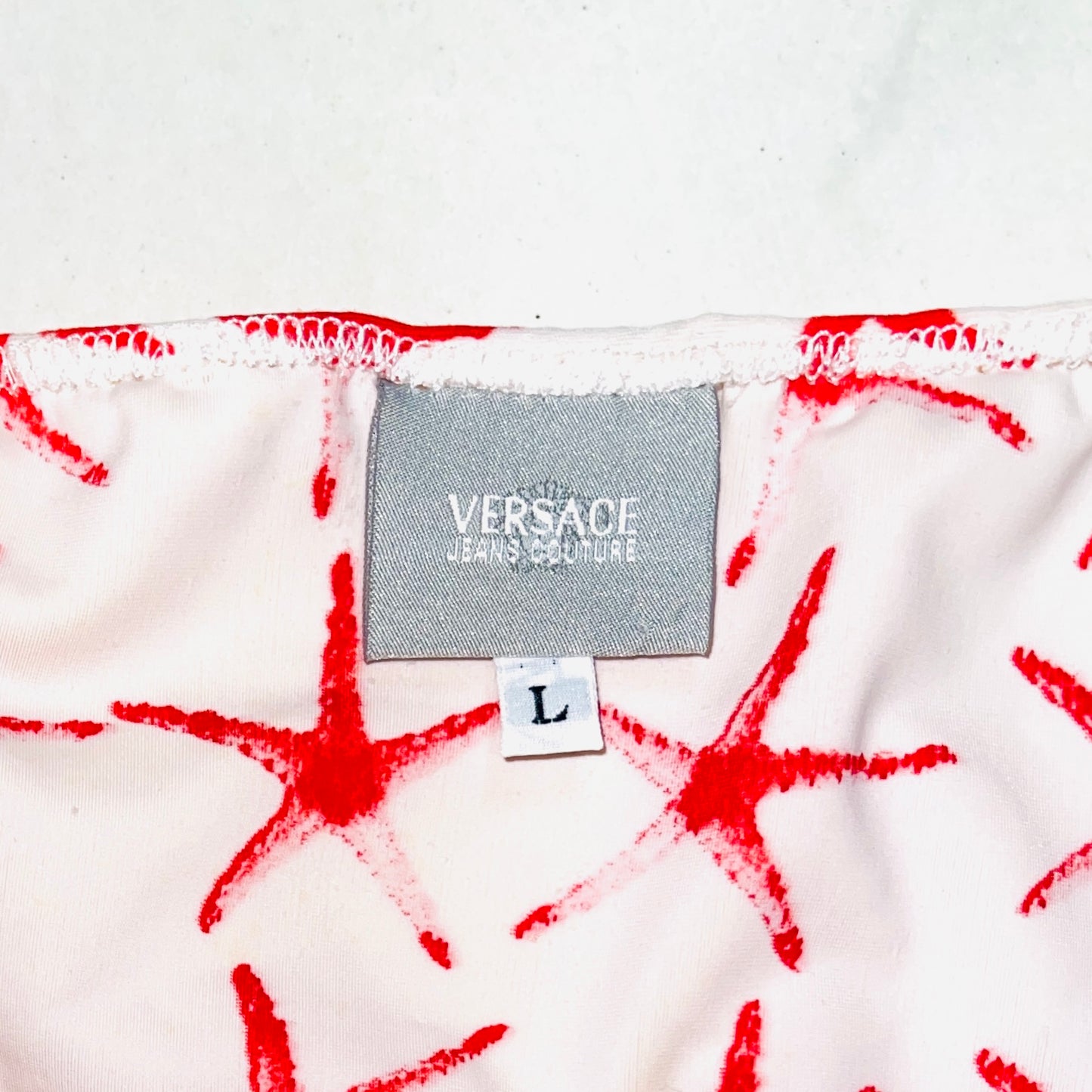 VERSACE JEANS COUTURE Red White Pink Embellished Starfish Print V-Neck Top - L