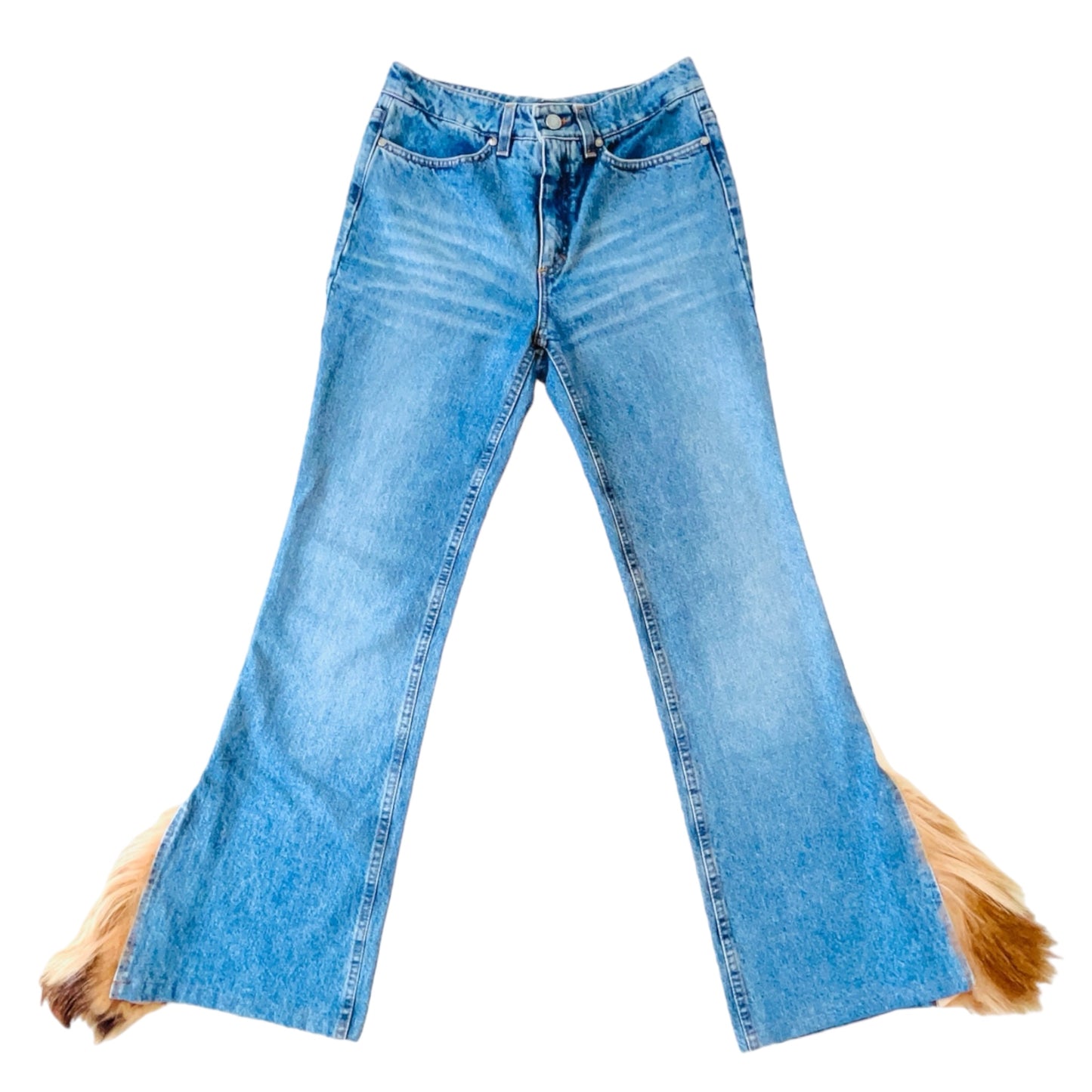 ROBERTO CAVALLI Fur Trimmed Dramatic Flare Bootcut Denim Pants Cowboy Jeans - S