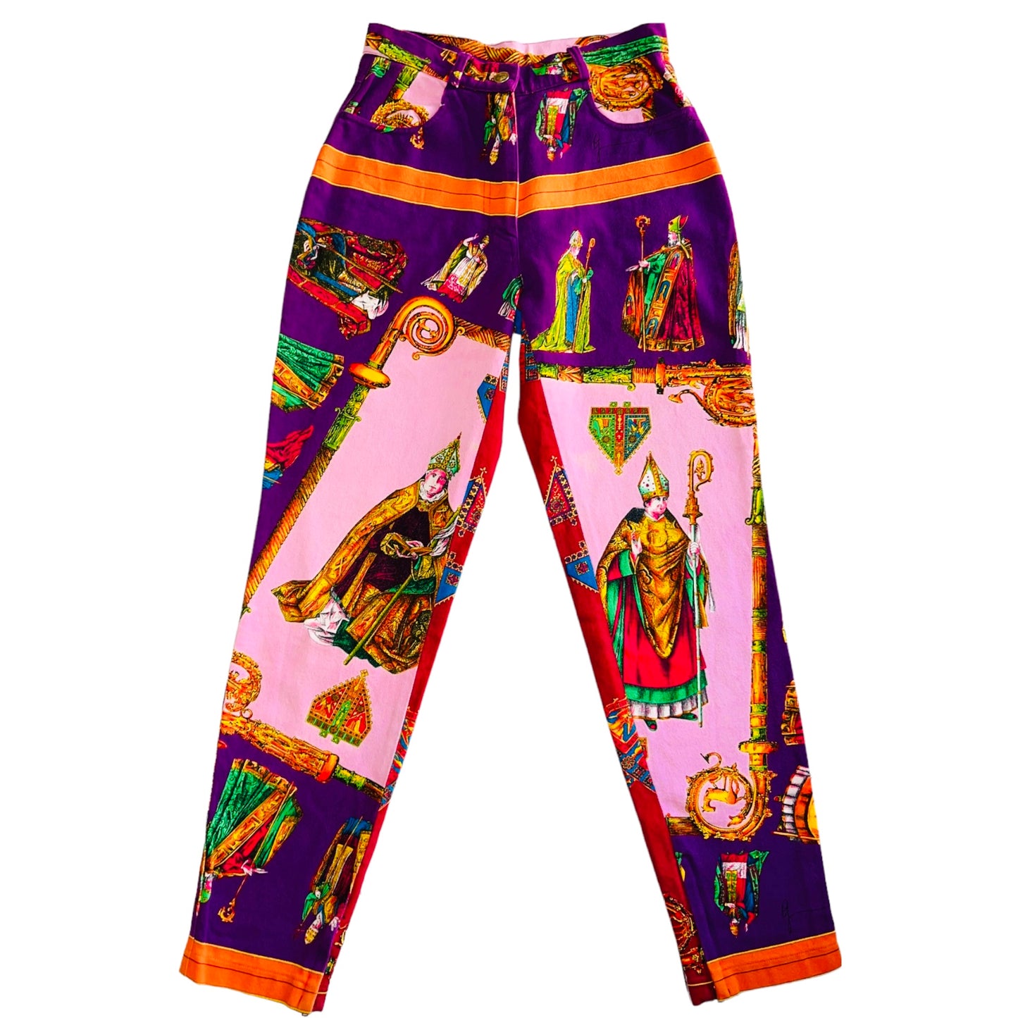 VERSACE JEANS COUTURE F/W 1992 I Papi Pope Mulitcolor Print Denim Trousers - IT 40