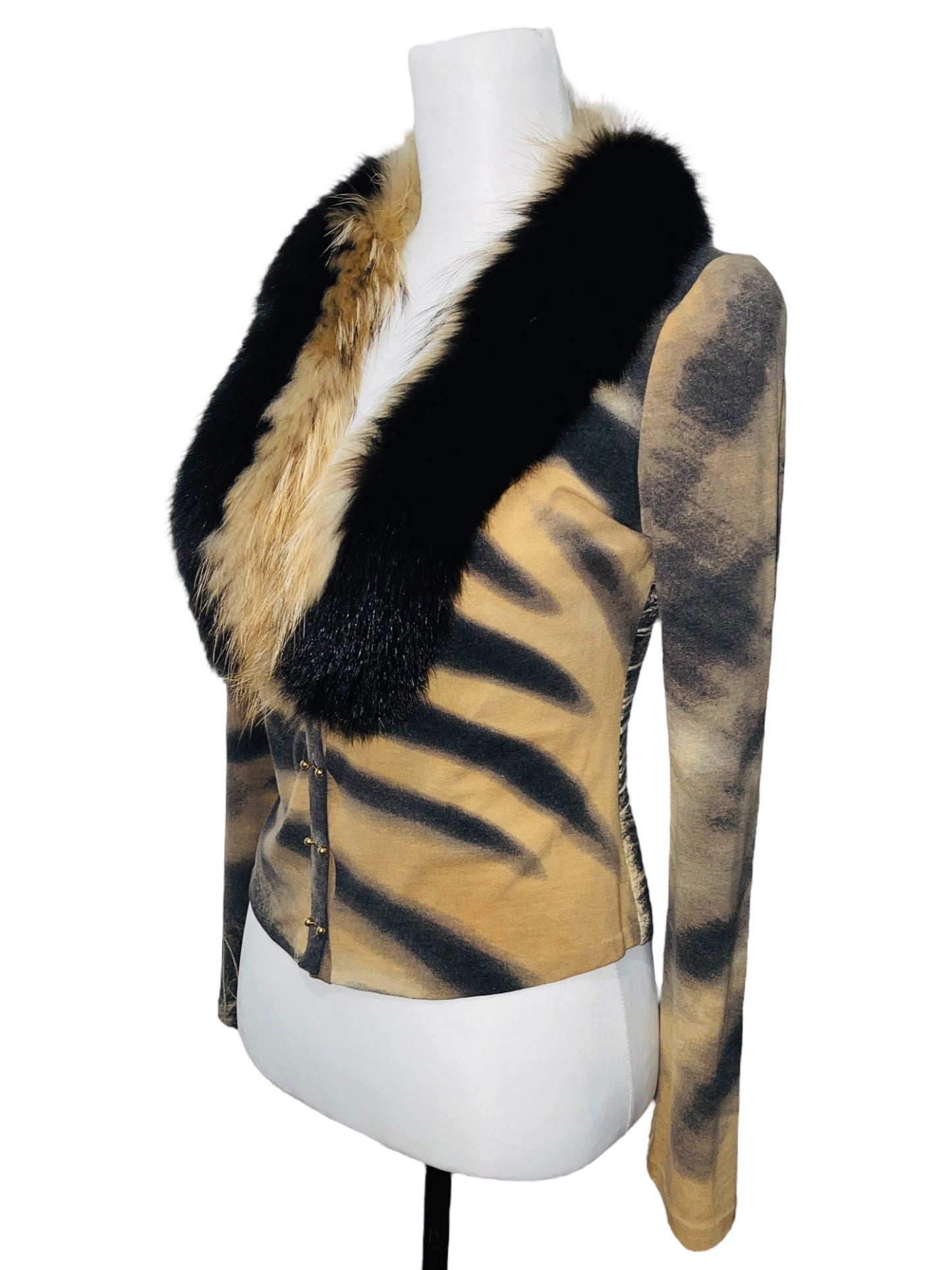 ROBERTO CAVALLI F/W 2000 White Tiger Print Fox Fur Trimmed Longleeve Cardigan - M