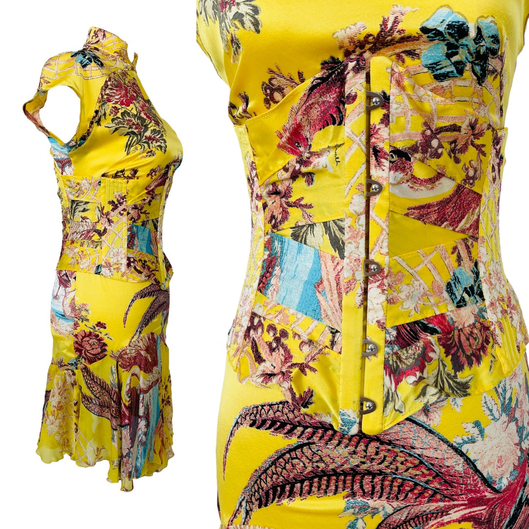 ROBERTO CAVALLI S/S 2003 Yellow Silk Chinoiserie Cheongsam w/ Corset Set - S/XS