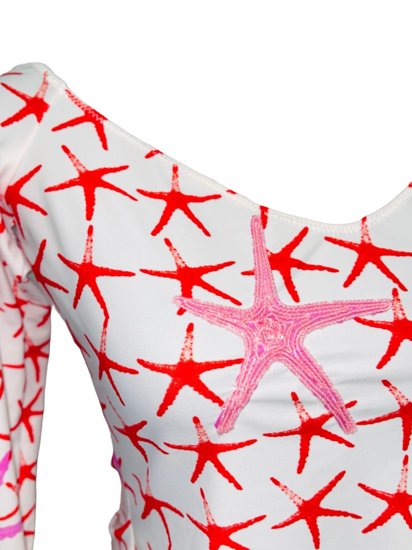 VERSACE JEANS COUTURE Red White Pink Embellished Starfish Print V-Neck Top - L