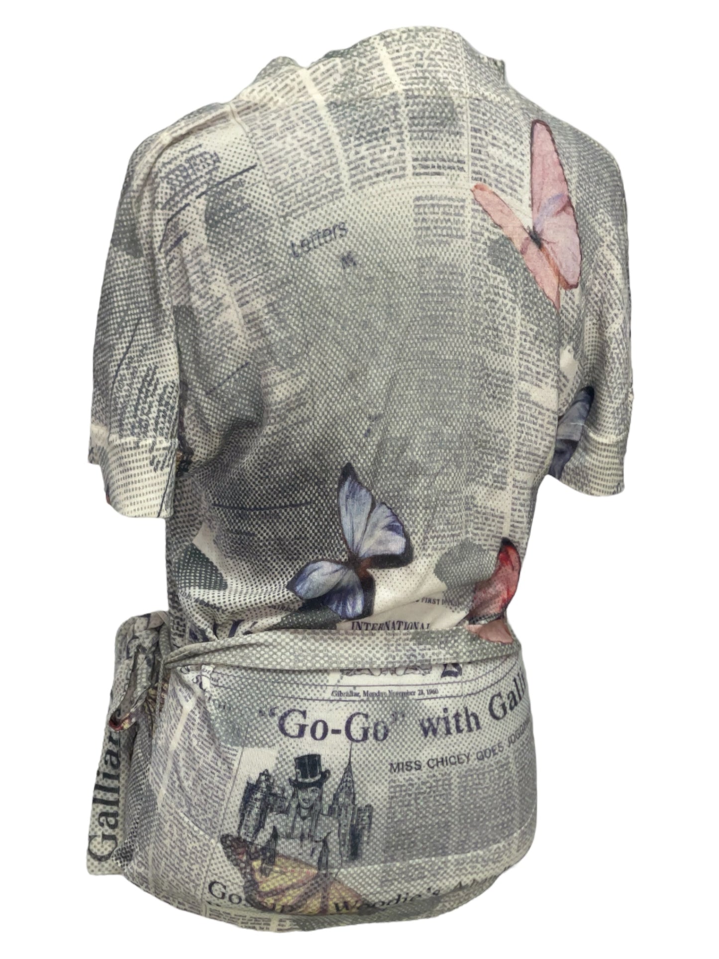 GALLIANO Grey Pink Butterflies Gazette Newspaper Print Tie Waist Cashwool Top - M