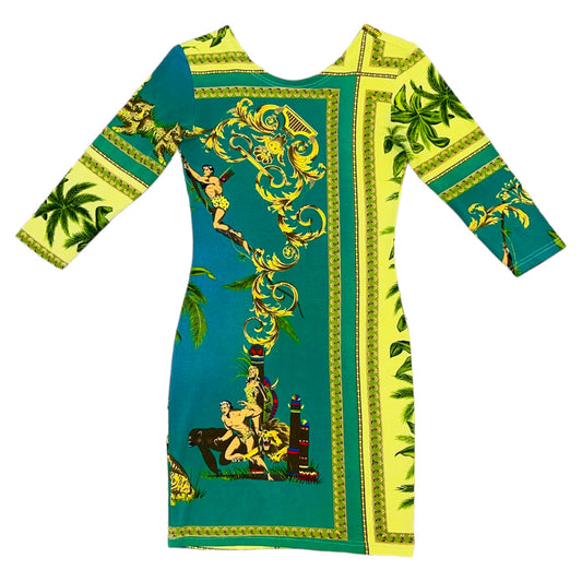 VERSACE JEANS COUTURE Vtg 1990s Tarzan Green Jungle Print Bodycon Dress - M 30/44