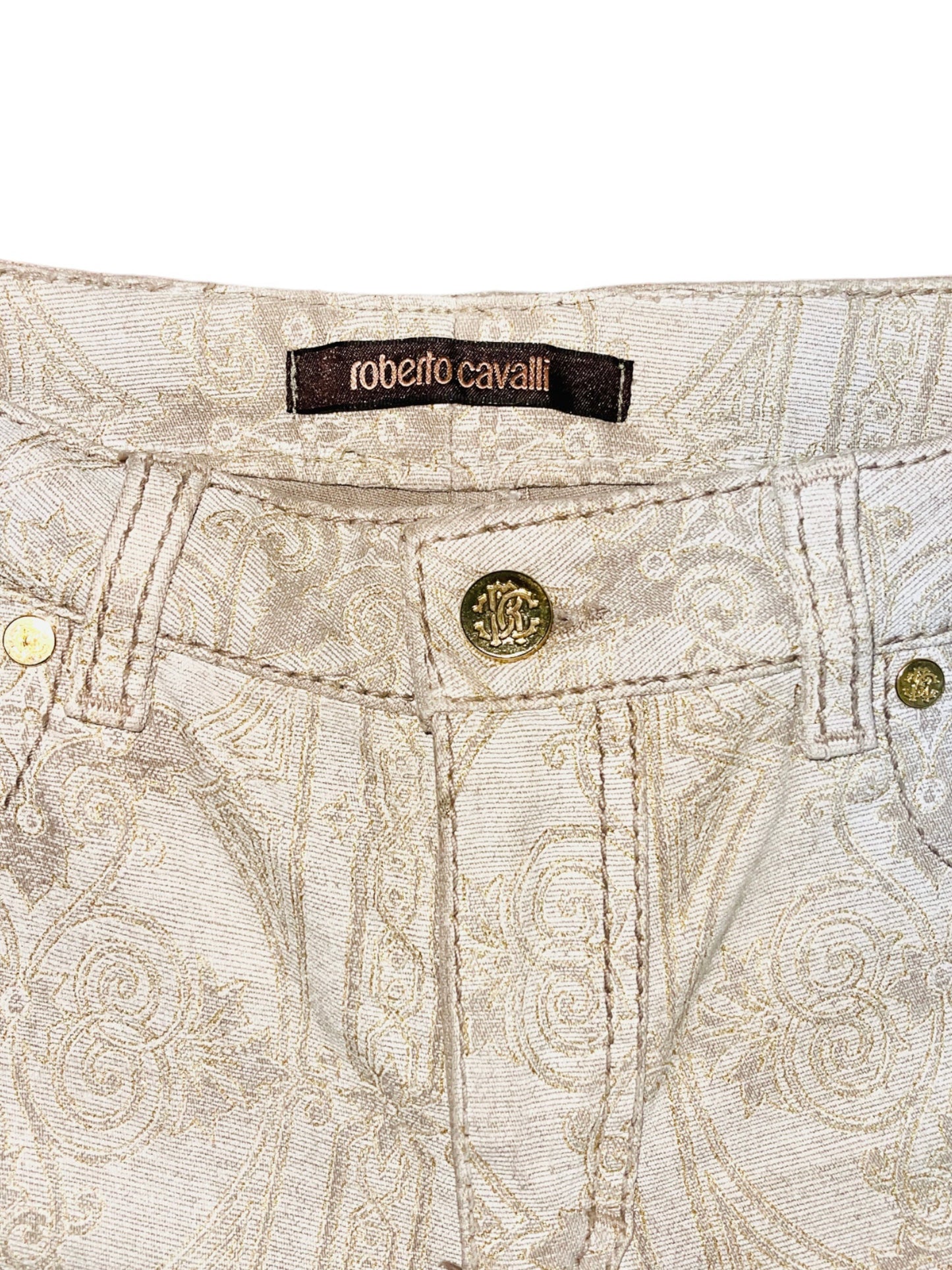 ROBERTO CAVALLI Mid-2000s Metallic Ecru Tapestry Flare Jeans - 42