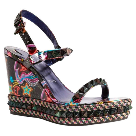 CHRISTIAN LOUBOUTIN Pyraclou Spiked Multicolor Black Wedge Sandals 110 - 36