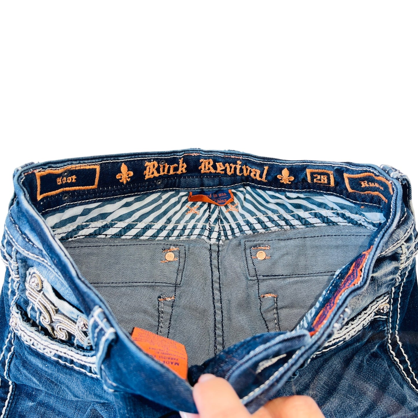 PRAYING x ROCK REVIVAL Logo Text Print Flare Bootcut Blue Jeans 28