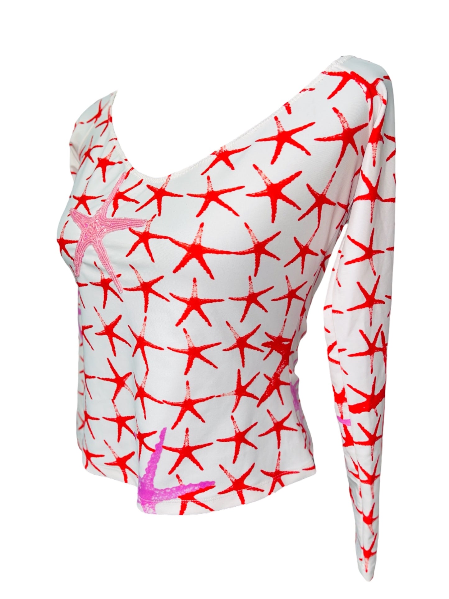 VERSACE JEANS COUTURE Red White Pink Embellished Starfish Print V-Neck Top - L