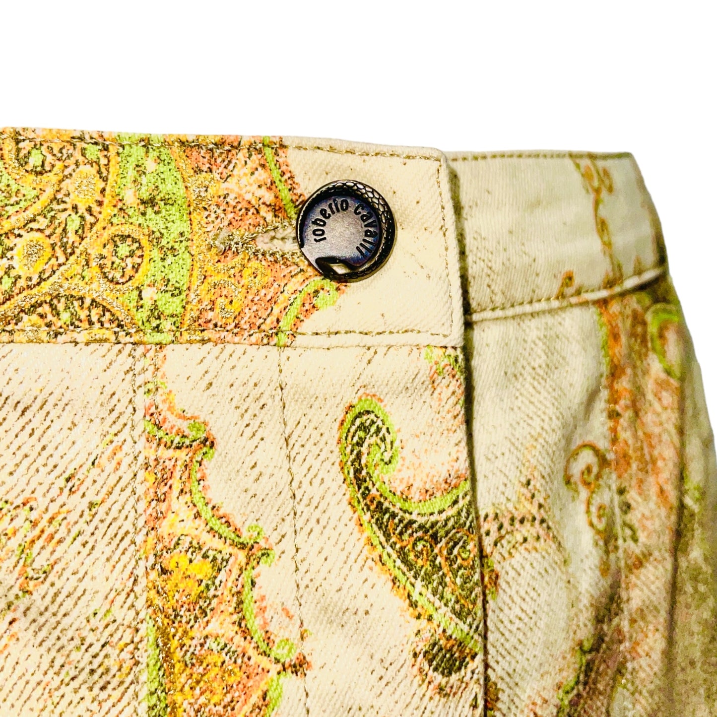 ROBERTO CAVALLI Green Yellow Brown Paisley Denim Skirt - S