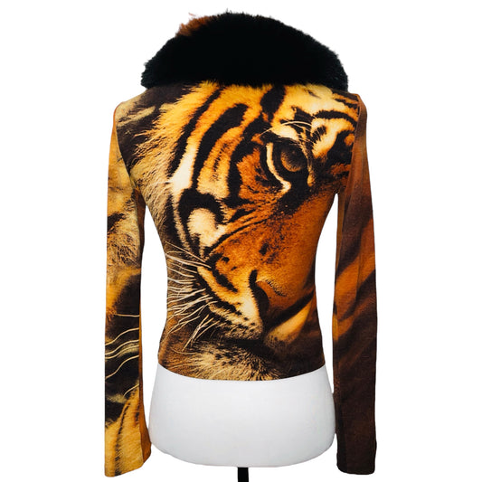 ROBERTO CAVALLI F/W 2000 Orange Tiger Print Fox Fur Trimmed Longleeve Cardigan - S