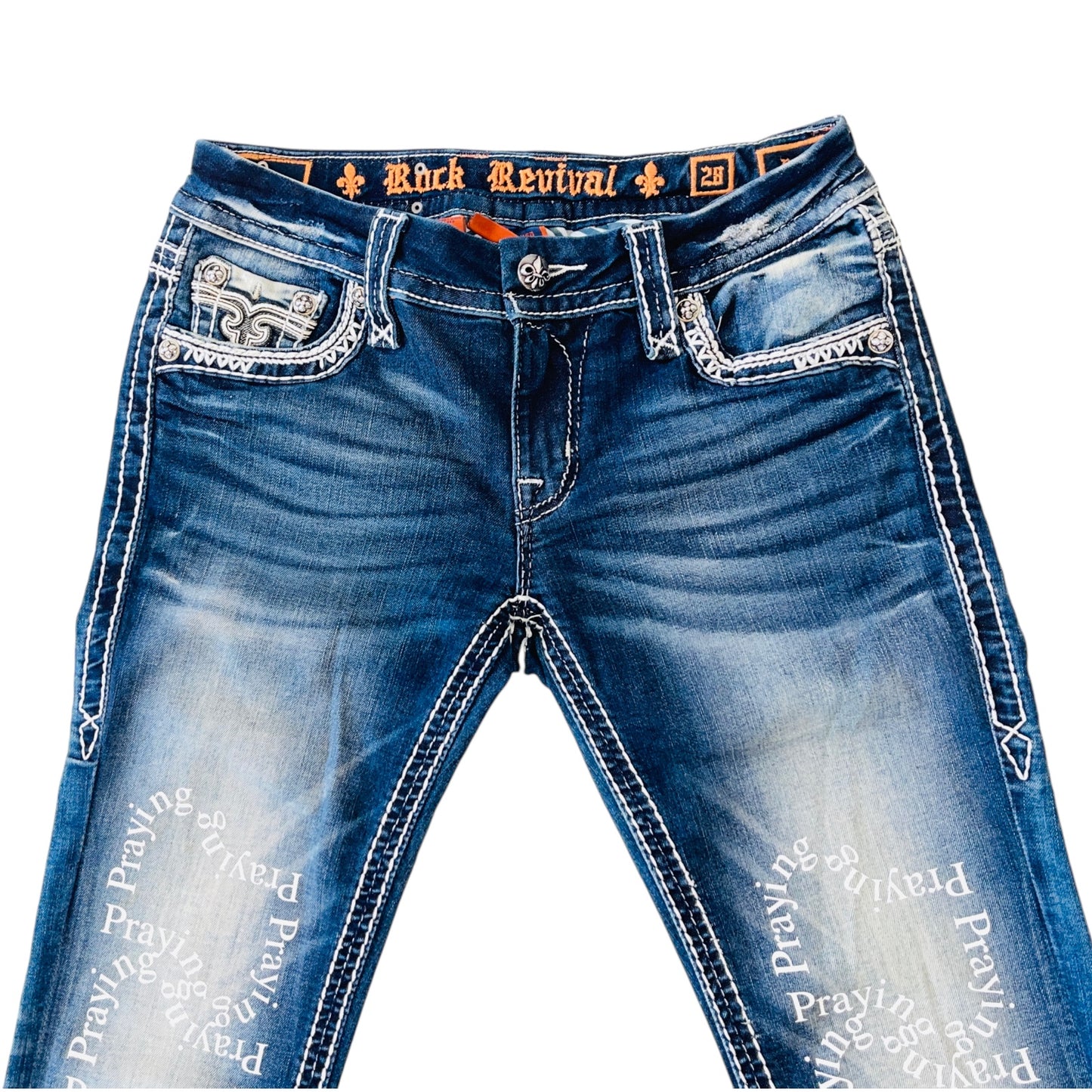 PRAYING x ROCK REVIVAL Logo Text Print Flare Bootcut Blue Jeans 28