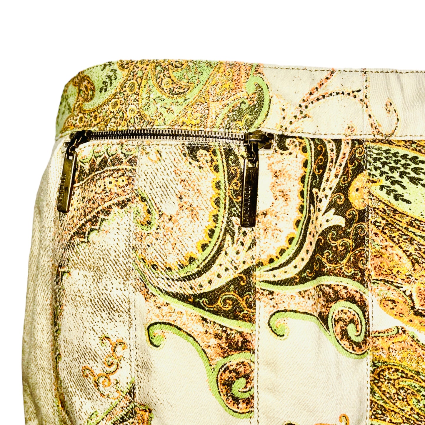 ROBERTO CAVALLI Green Yellow Brown Paisley Denim Skirt - S