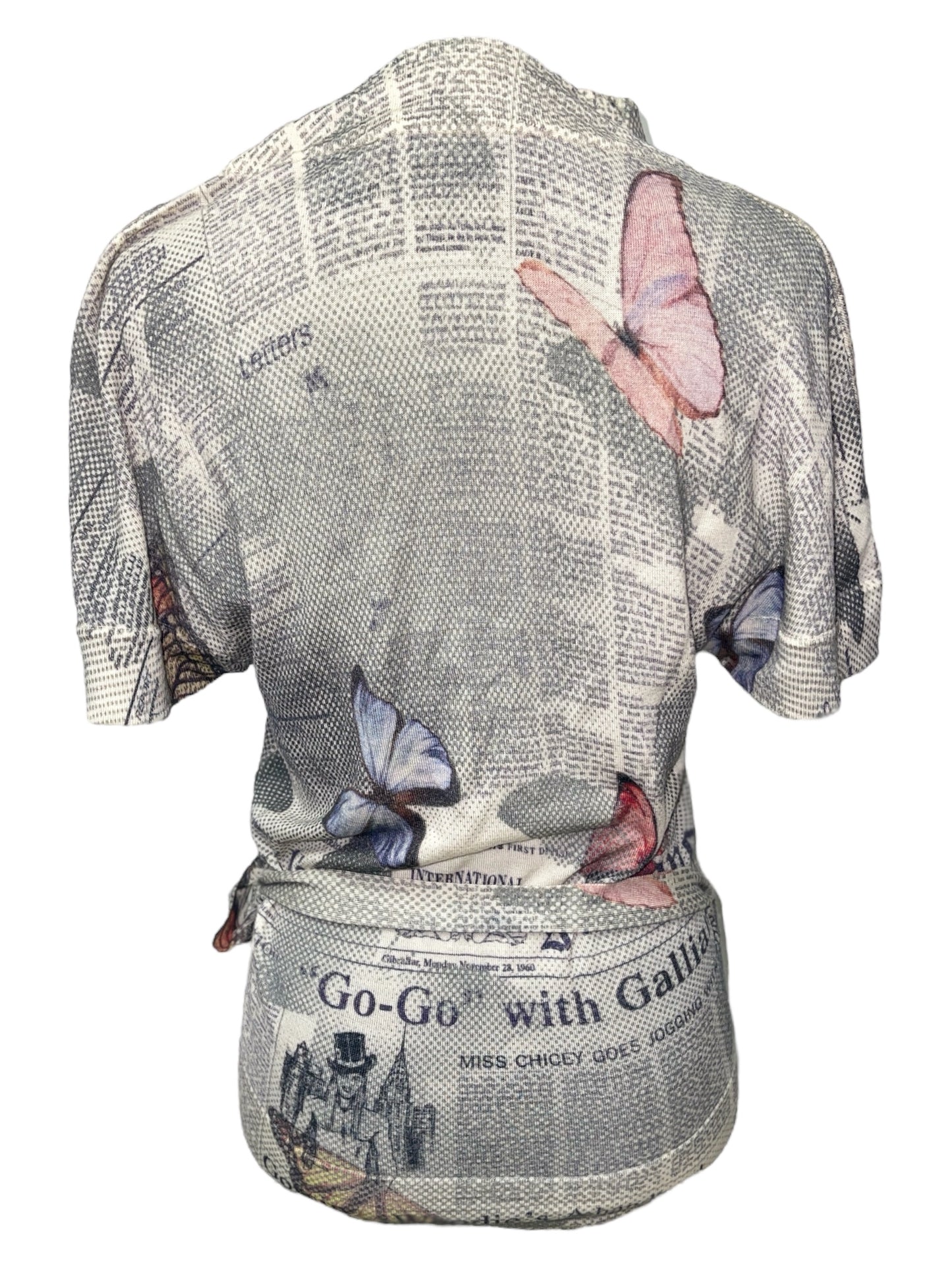 GALLIANO Grey Pink Butterflies Gazette Newspaper Print Tie Waist Cashwool Top - M