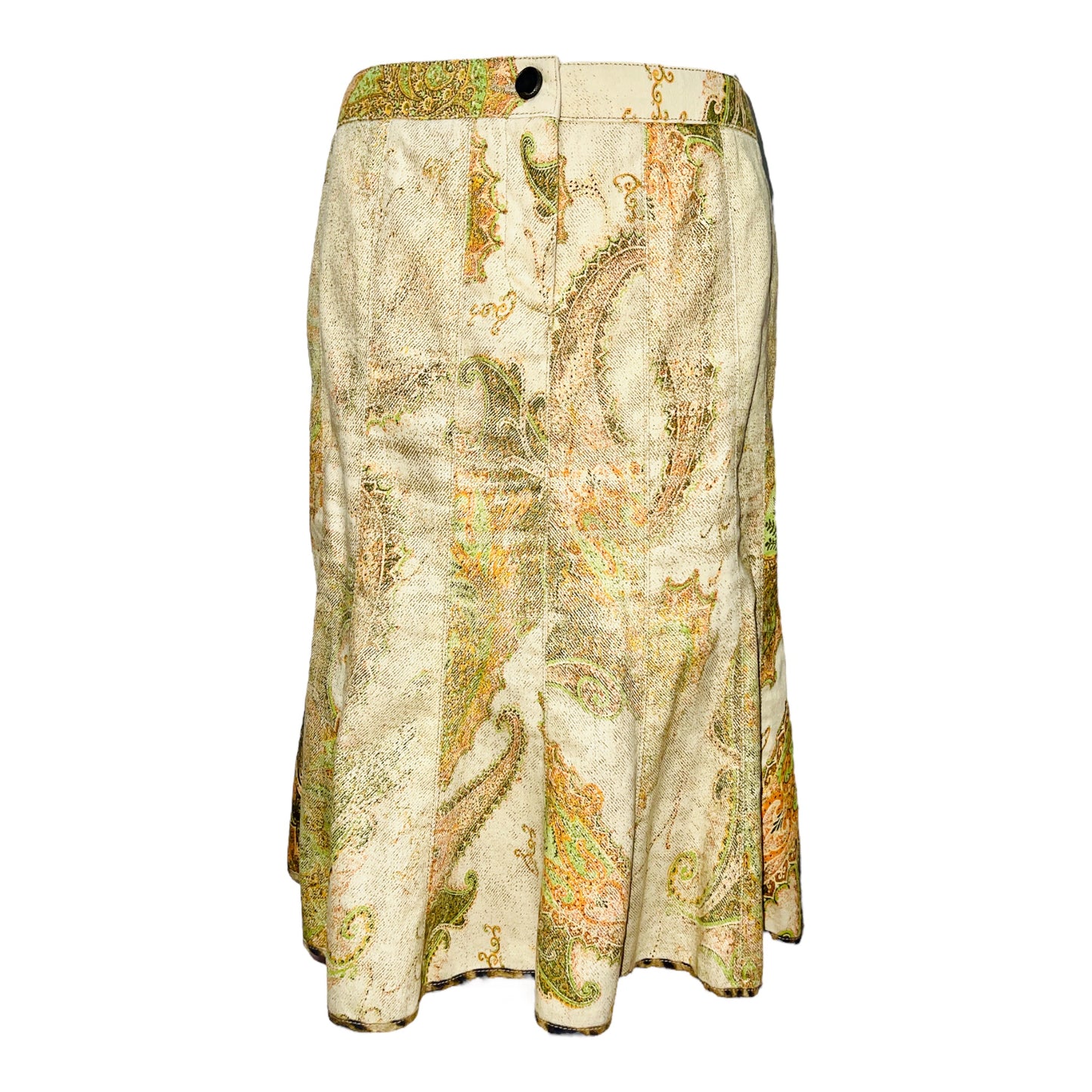 ROBERTO CAVALLI Green Yellow Brown Paisley Denim Skirt - S