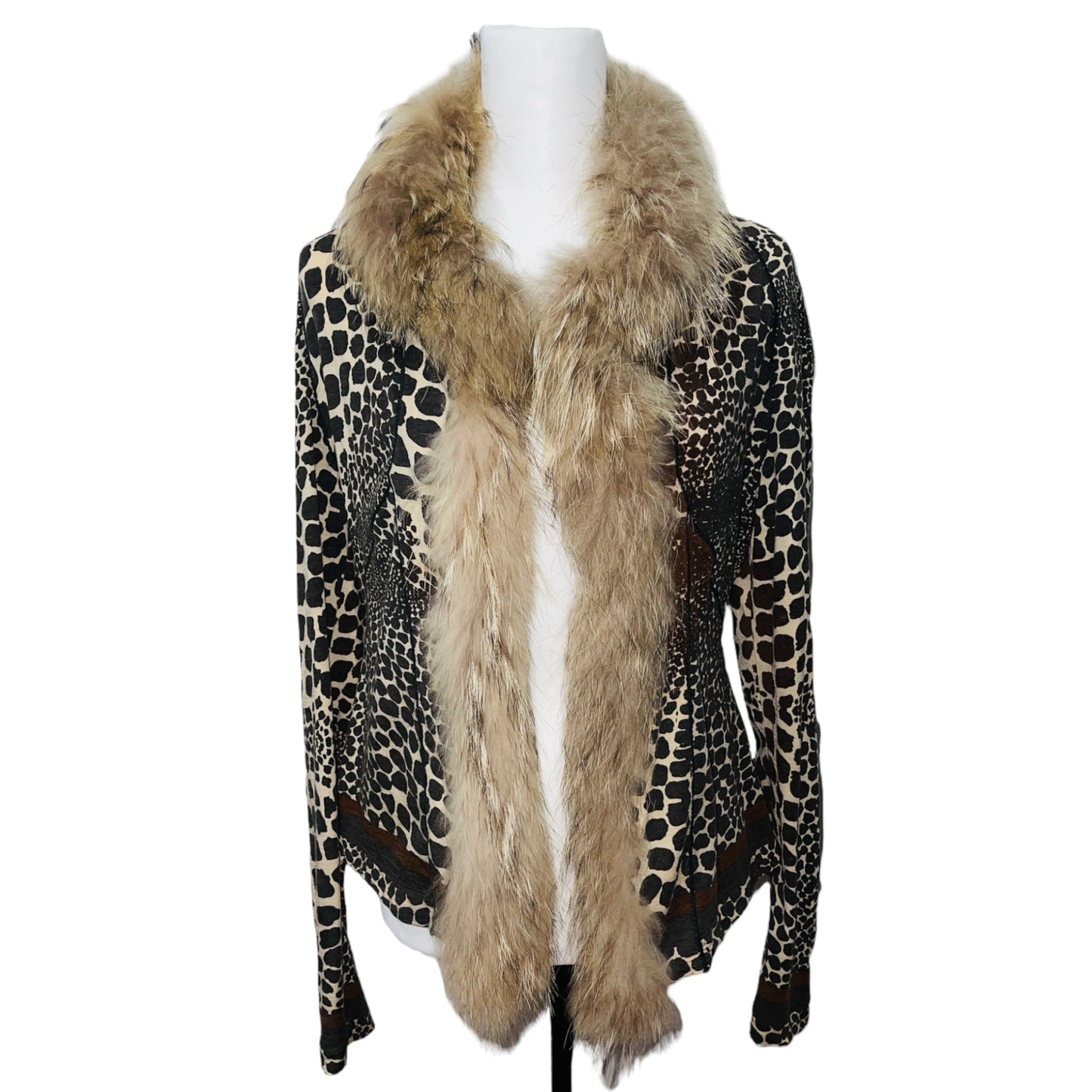 ROBERTO CAVALLI Y2K 2000s Fur Collar Giraffe Print Long Sleeve Cardigan - L