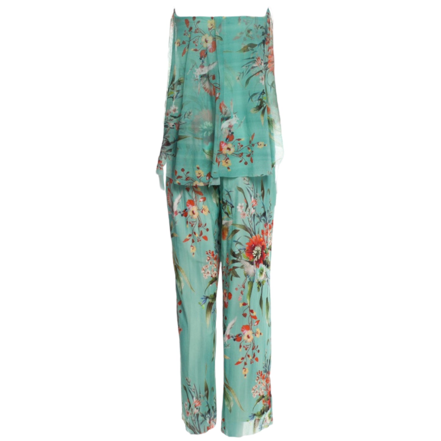 FUZZI Bombshell Blue Floral Tropical Print Mesh Strapless Jumpsuit - M