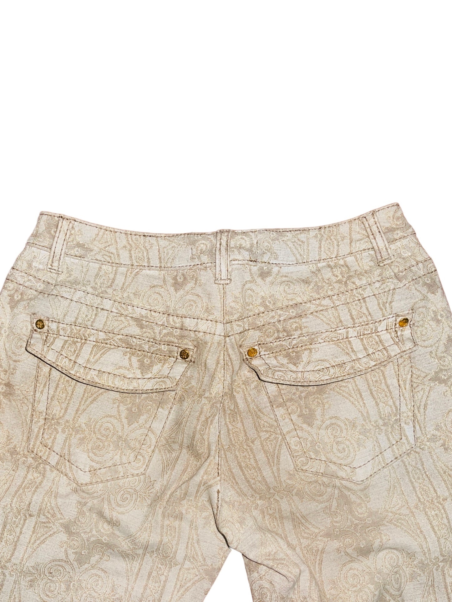 ROBERTO CAVALLI Mid-2000s Metallic Ecru Tapestry Flare Jeans - 42