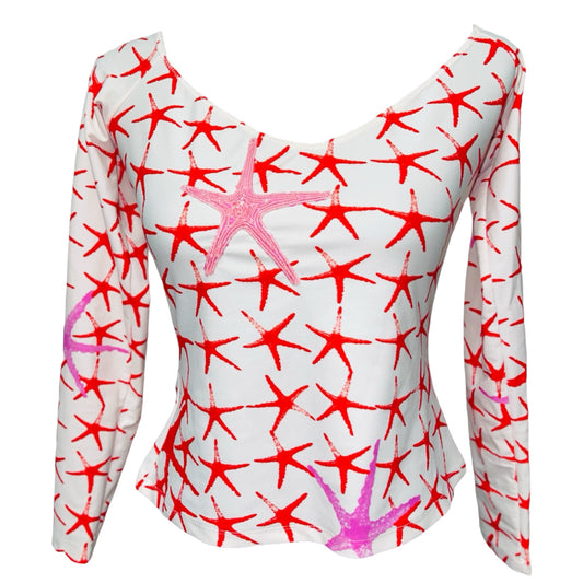 VERSACE JEANS COUTURE Red White Pink Embellished Starfish Print V-Neck Top - L