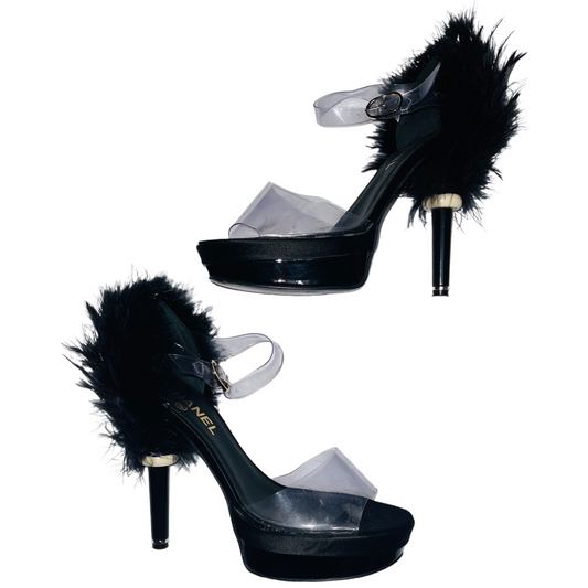 CHANEL S/S 09 Black Ostrich Feather Back Platform Heels w/ Clear PVC Plastic Straps - 39.5 (US 8)