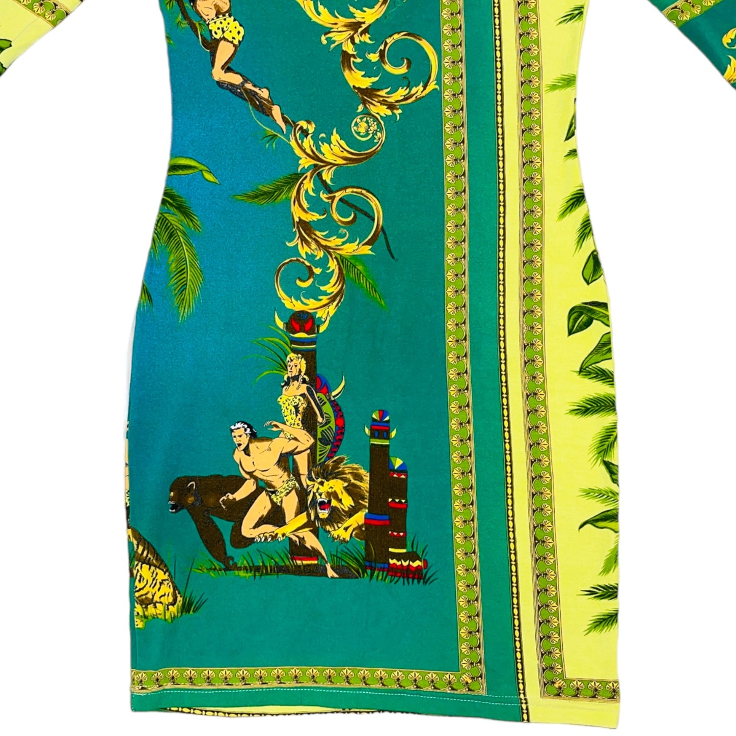 VERSACE JEANS COUTURE Vtg 1990s Tarzan Green Jungle Print Bodycon Dress - M 30/44