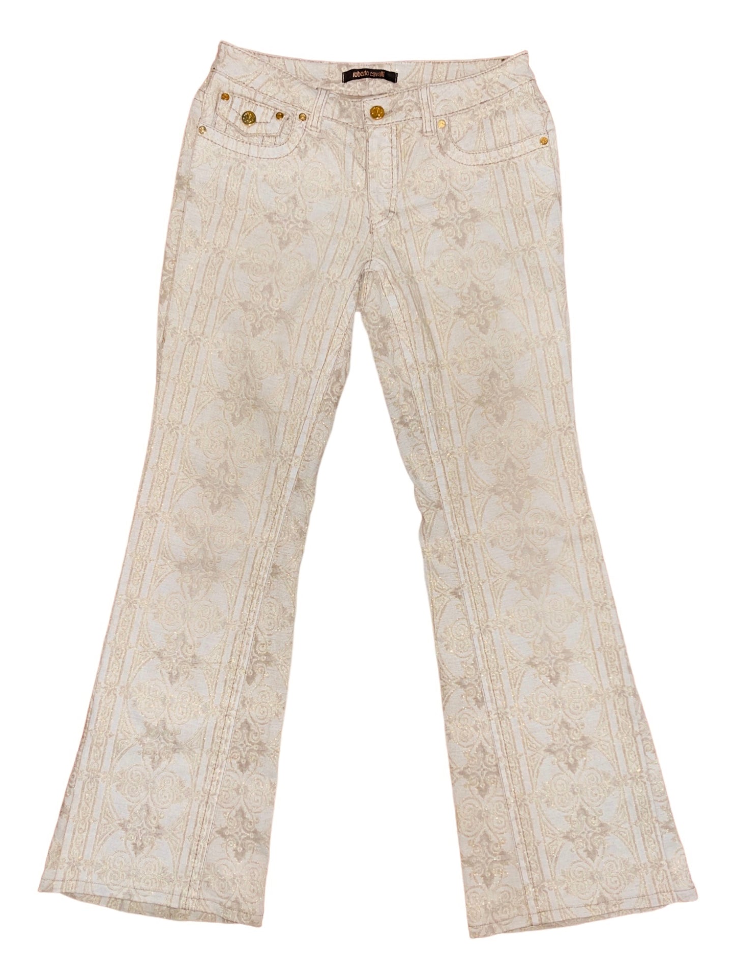 ROBERTO CAVALLI Mid-2000s Metallic Ecru Tapestry Flare Jeans - 42