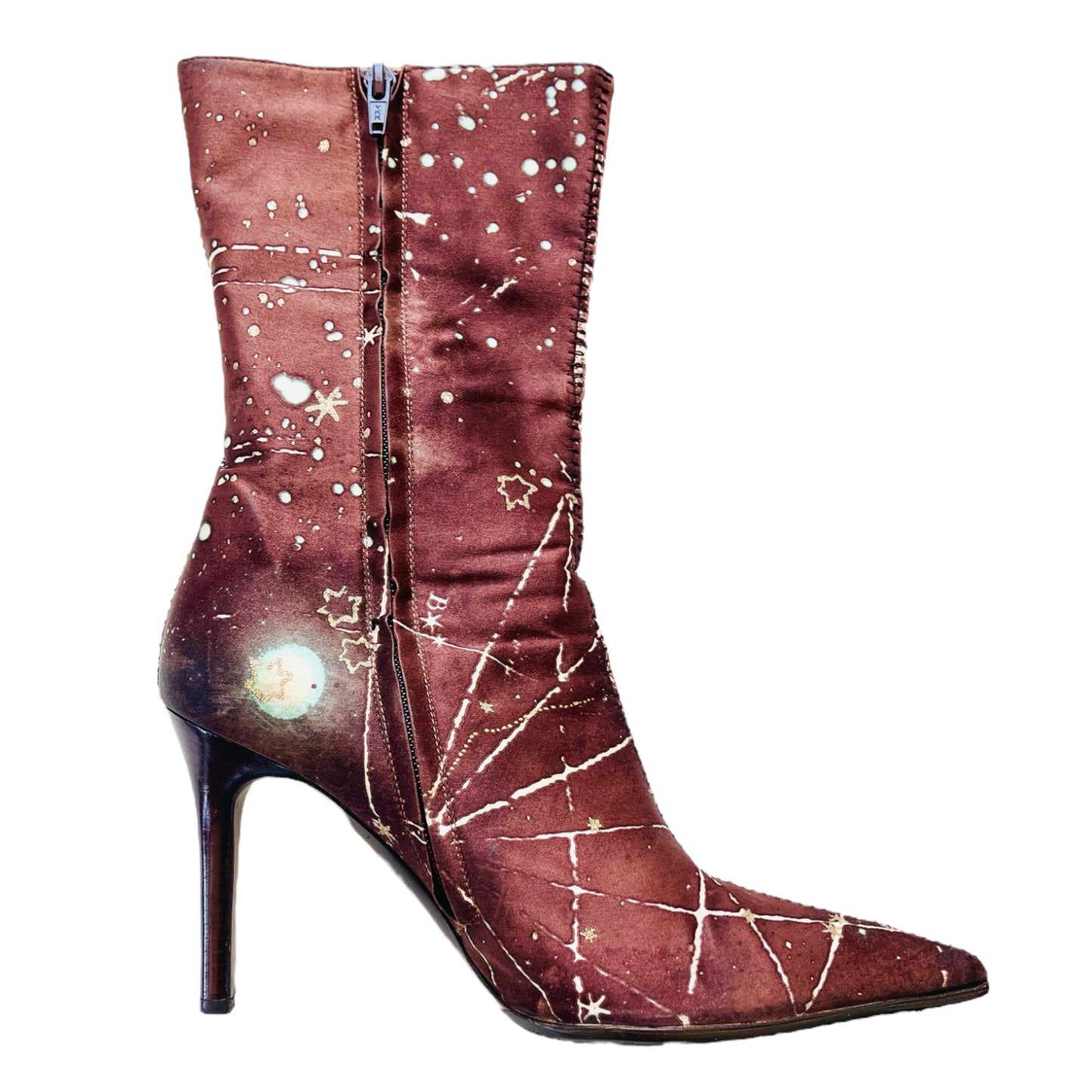 ROBERTO CAVALLI F/W 2003 Brown Satin Astrology Constellation Stars Boots - EU 38