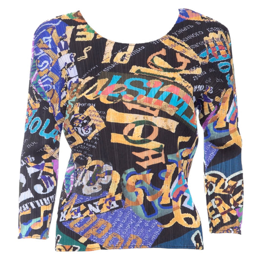 PLEATS PLEASE Issey Miyake Multicolor Graffiti Text Pleated 3/4 Sleeve Top - 3 (M)