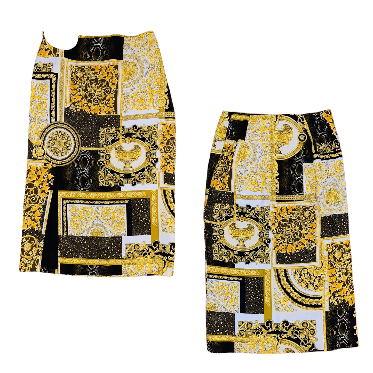 VERSACE Gold and Black Barocco Animal Print Hoop Cutout Midi Skirt - IT 42