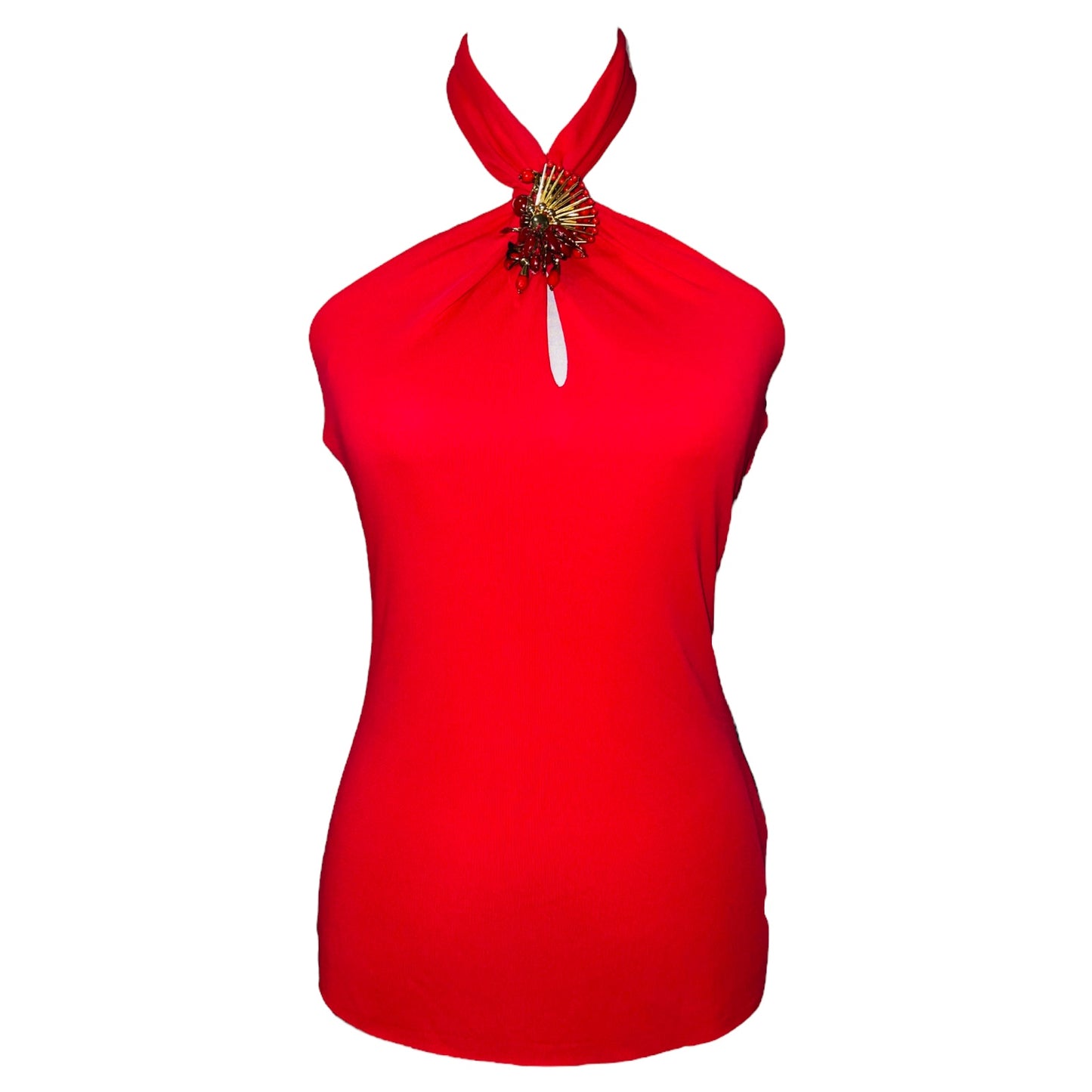 GUCCI Spring/Summer 2000s Spicy Red Halter Neck Jersey Top - Jewel Embellished S