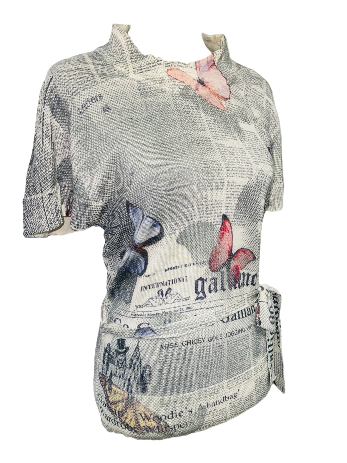 GALLIANO Grey Pink Butterflies Gazette Newspaper Print Tie Waist Cashwool Top - M