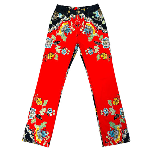 ROBERTO CAVALLI S/S 2003 Red Chinoiserie Chinese Motifs Denim Trouser Jeans - M