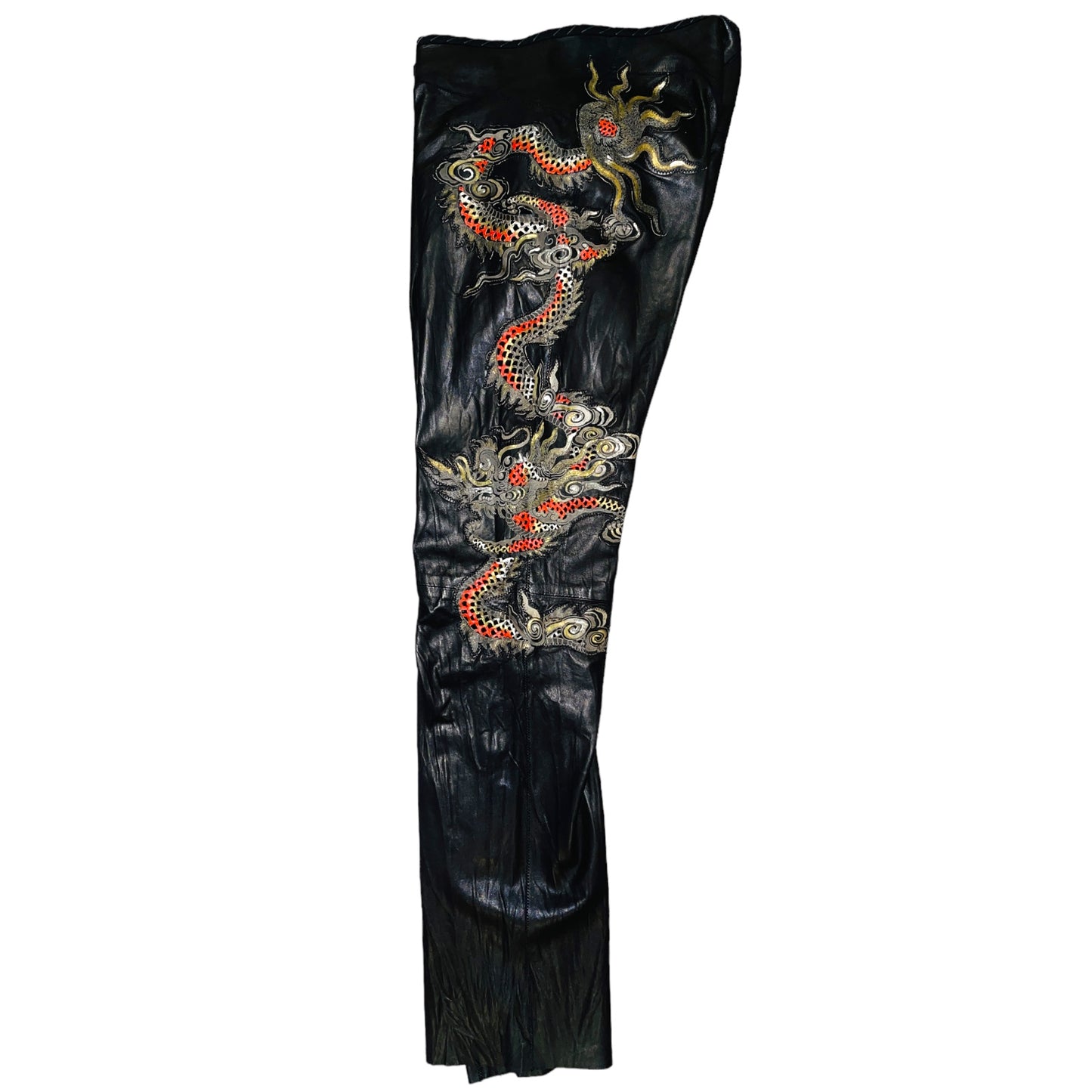 ROBERTO CAVALLI S/S 2003 Runway Dragon Embroidery Black Leather Slim Trousers L