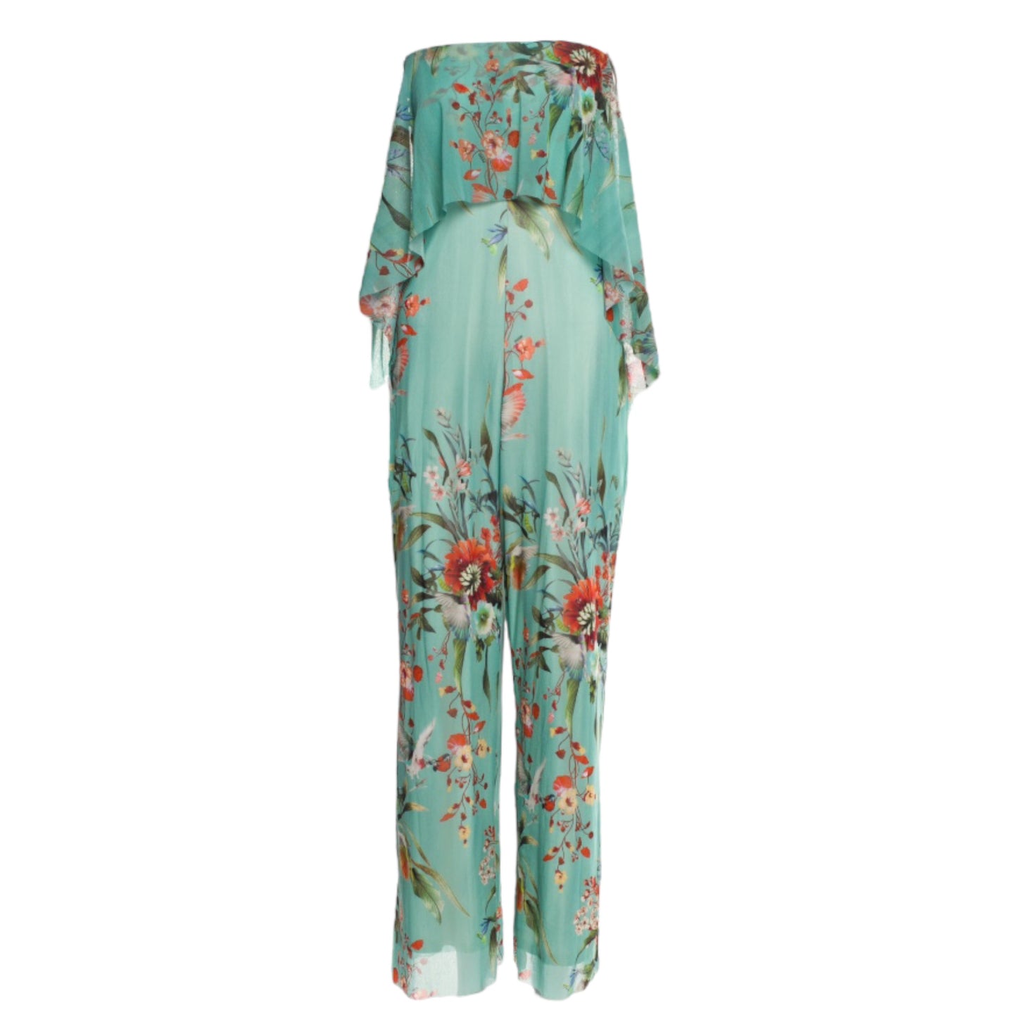 FUZZI Bombshell Blue Floral Tropical Print Mesh Strapless Jumpsuit - M