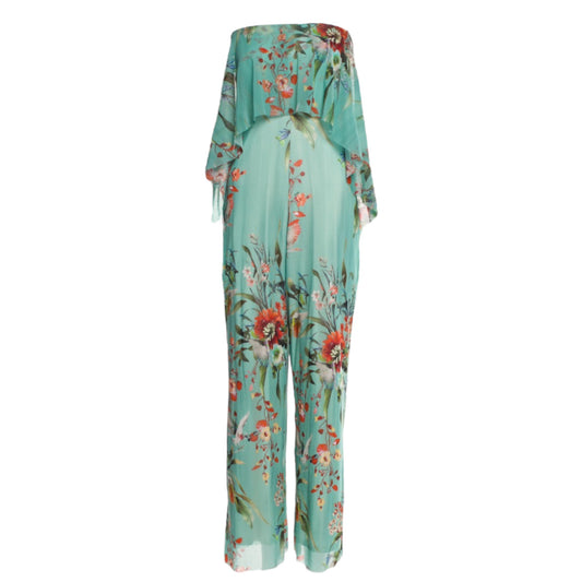 FUZZI Bombshell Blue Floral Tropical Print Mesh Strapless Jumpsuit - M