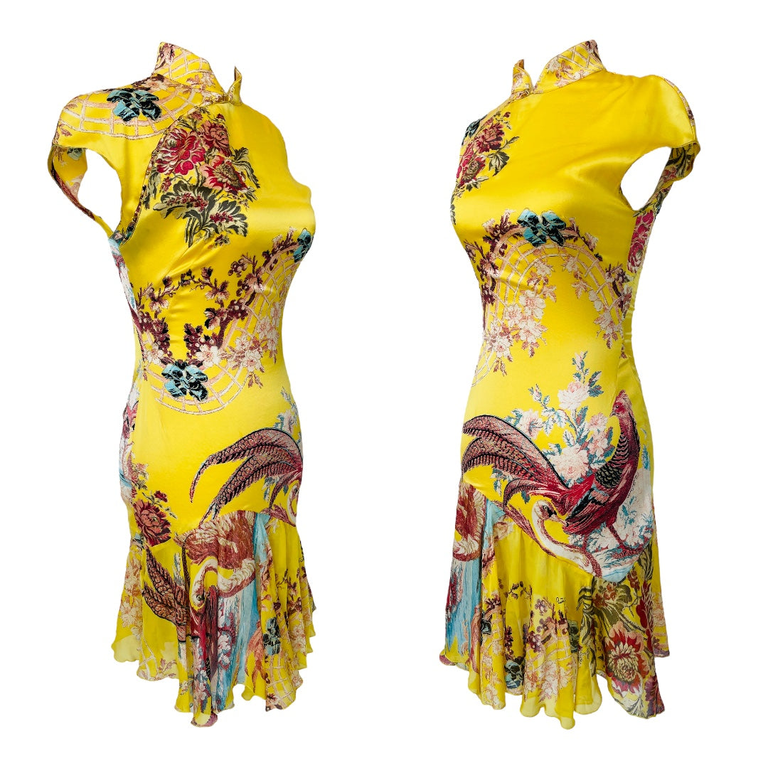 ROBERTO CAVALLI S/S 2003 Yellow Silk Chinoiserie Cheongsam w/ Corset Set - S/XS