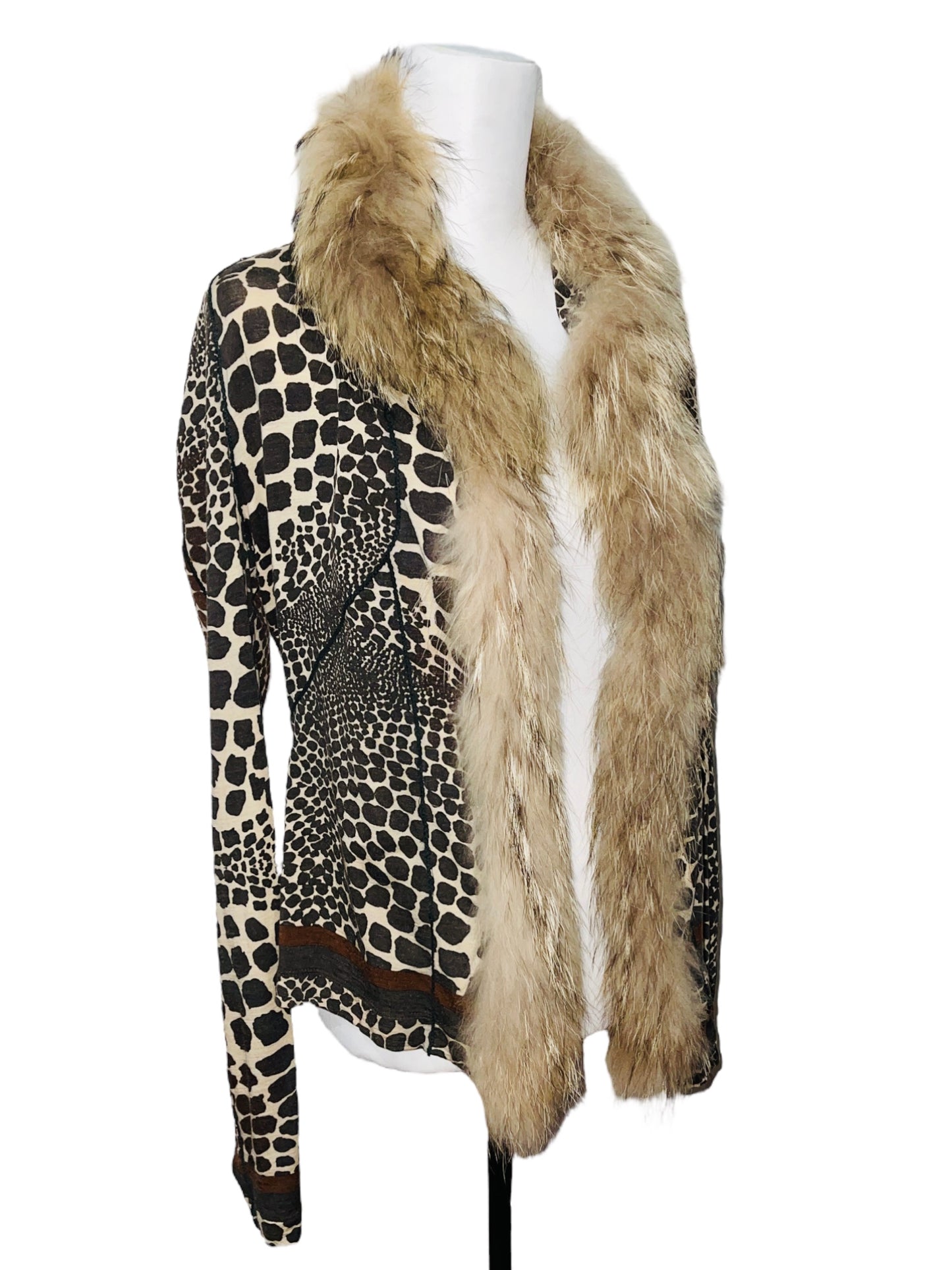 ROBERTO CAVALLI Y2K 2000s Fur Collar Giraffe Print Long Sleeve Cardigan - L