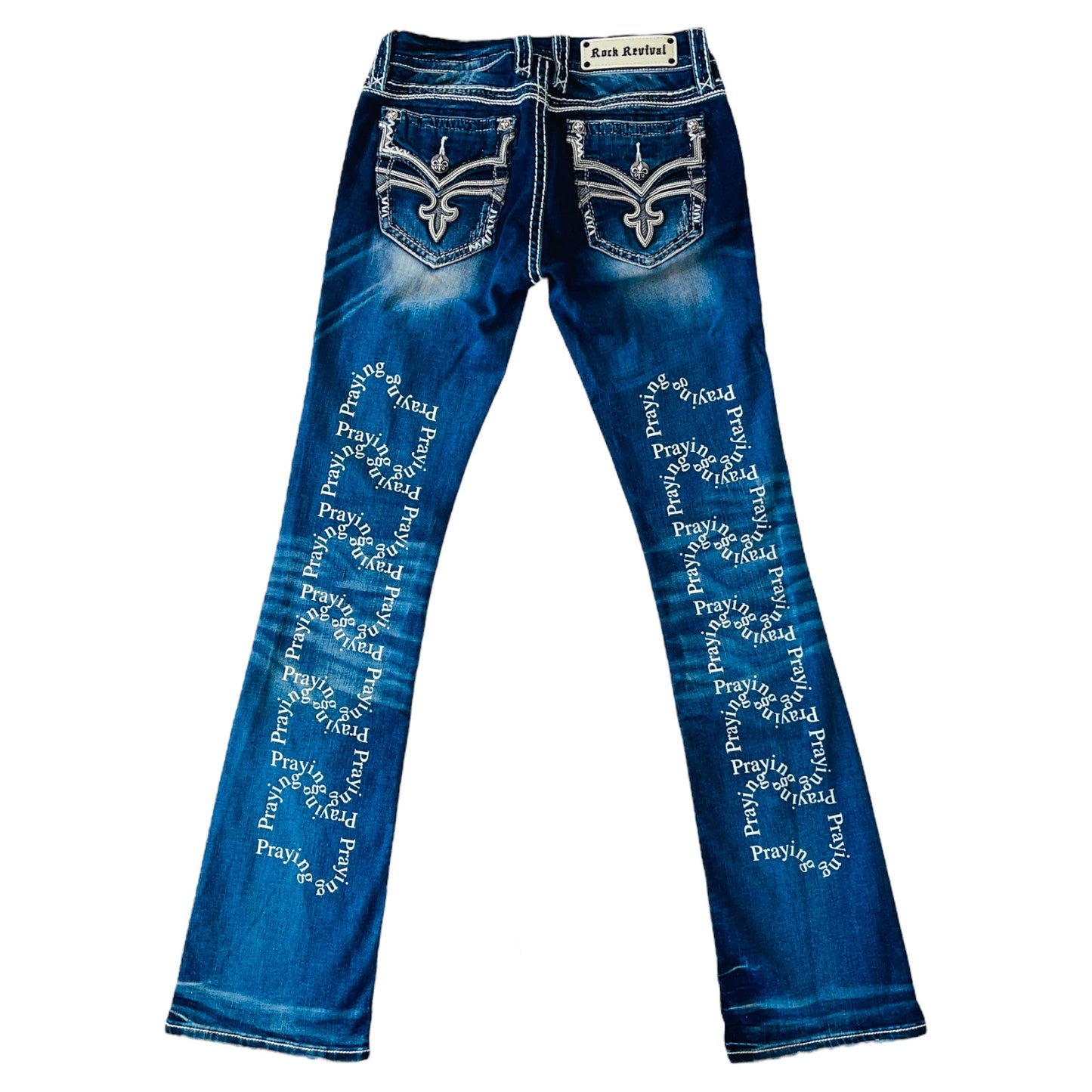 PRAYING x ROCK REVIVAL Logo Text Print Flare Bootcut Blue Jeans 28