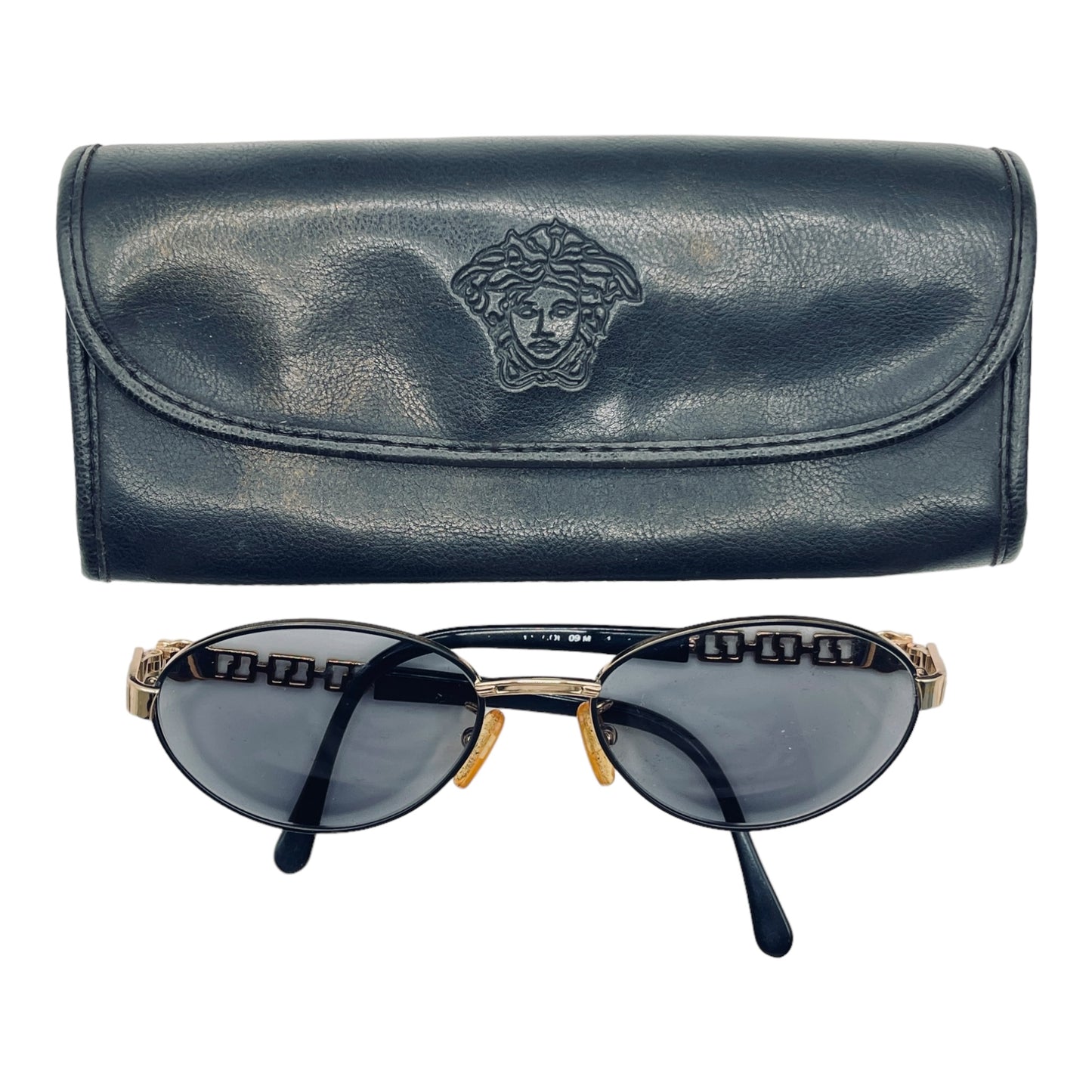 1990s GIANNI VERSACE Vintage Round Oval Black Sunglasses Gold Accents G43 09M GY