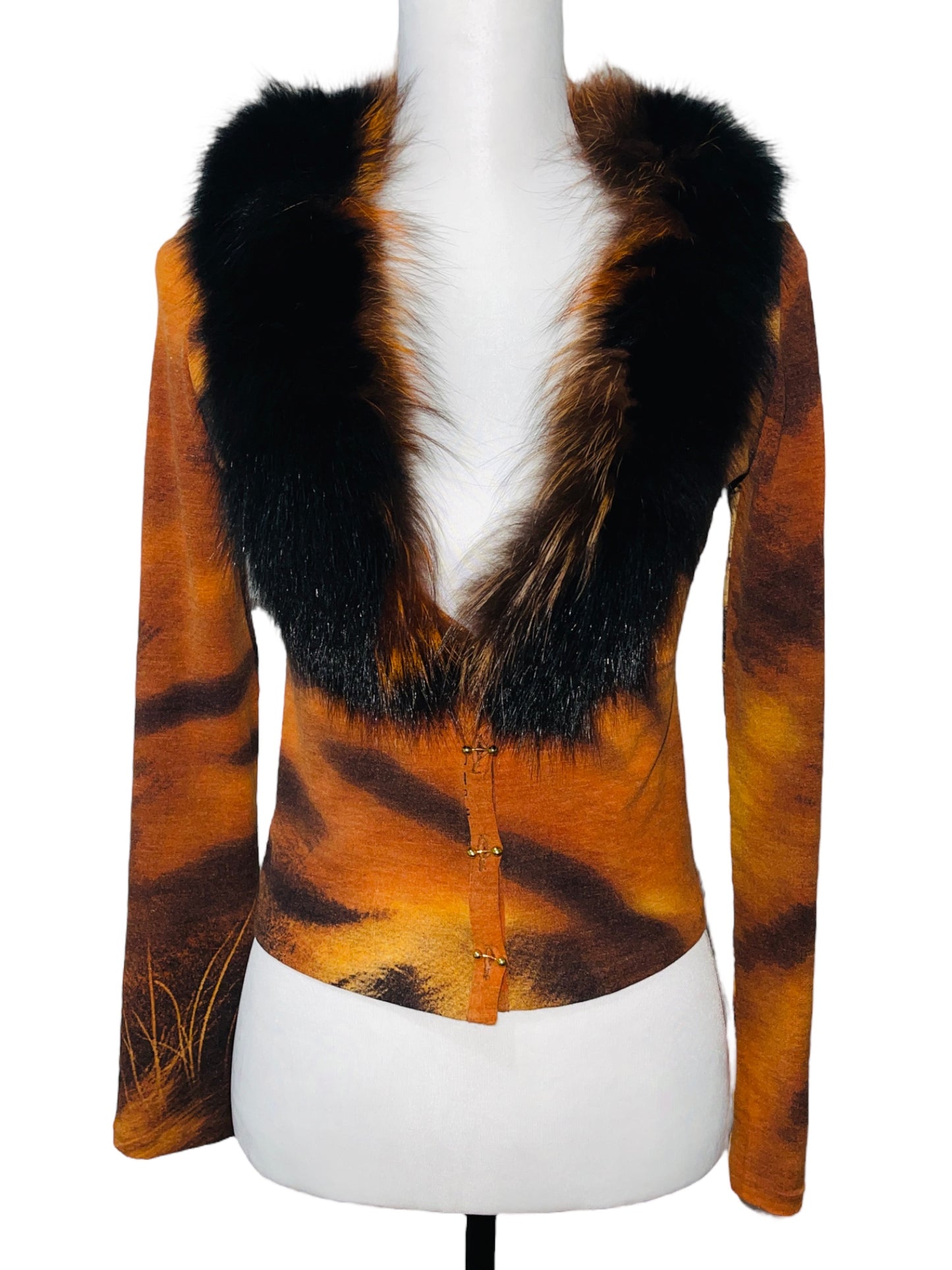 ROBERTO CAVALLI F/W 2000 Orange Tiger Print Fox Fur Trimmed Longleeve Cardigan - S