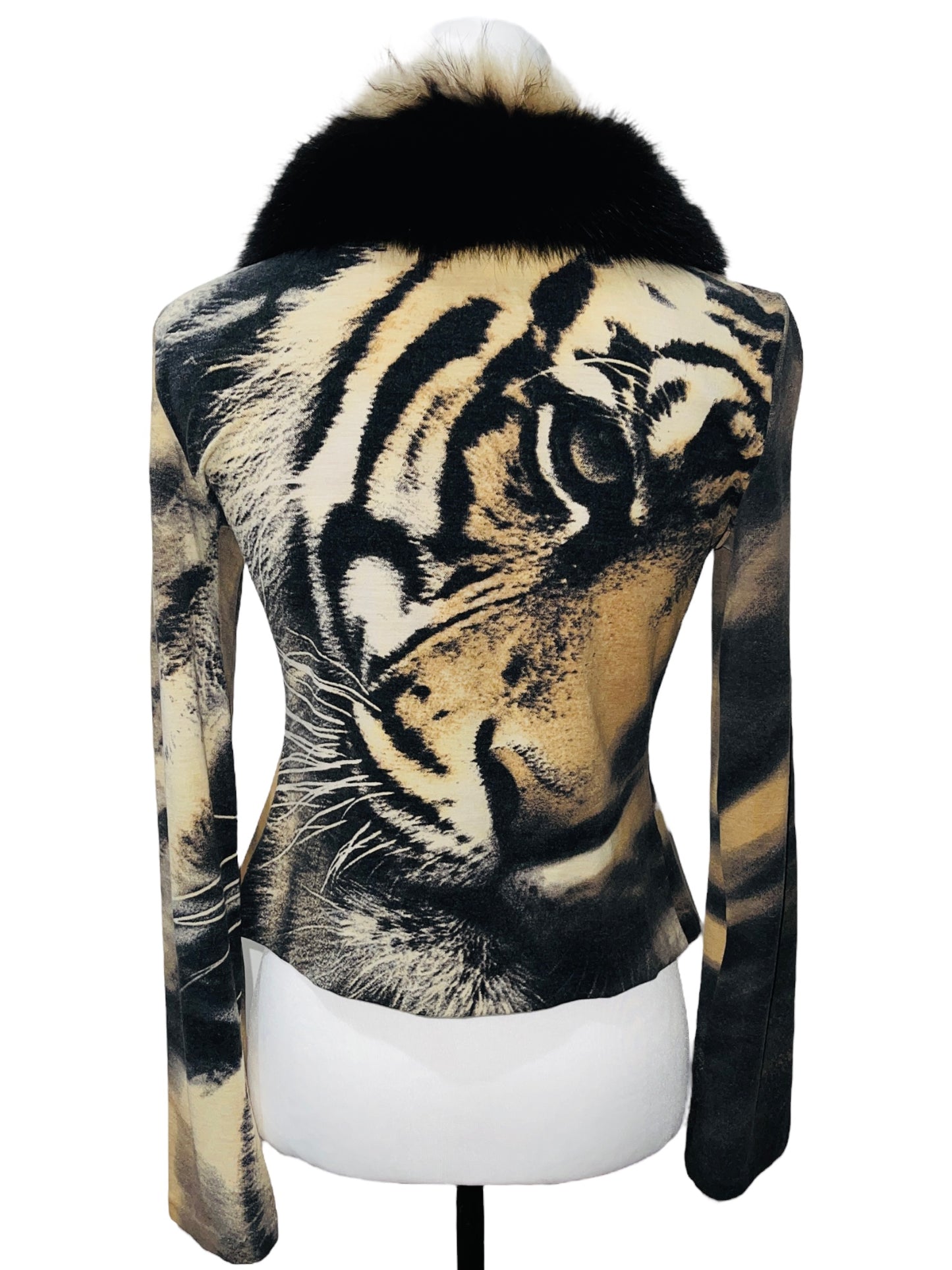 ROBERTO CAVALLI F/W 2000 White Tiger Print Fox Fur Trimmed Longleeve Cardigan - M