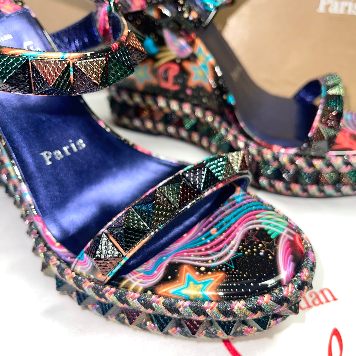 CHRISTIAN LOUBOUTIN Pyraclou Spiked Multicolor Black Wedge Sandals 110 - 36