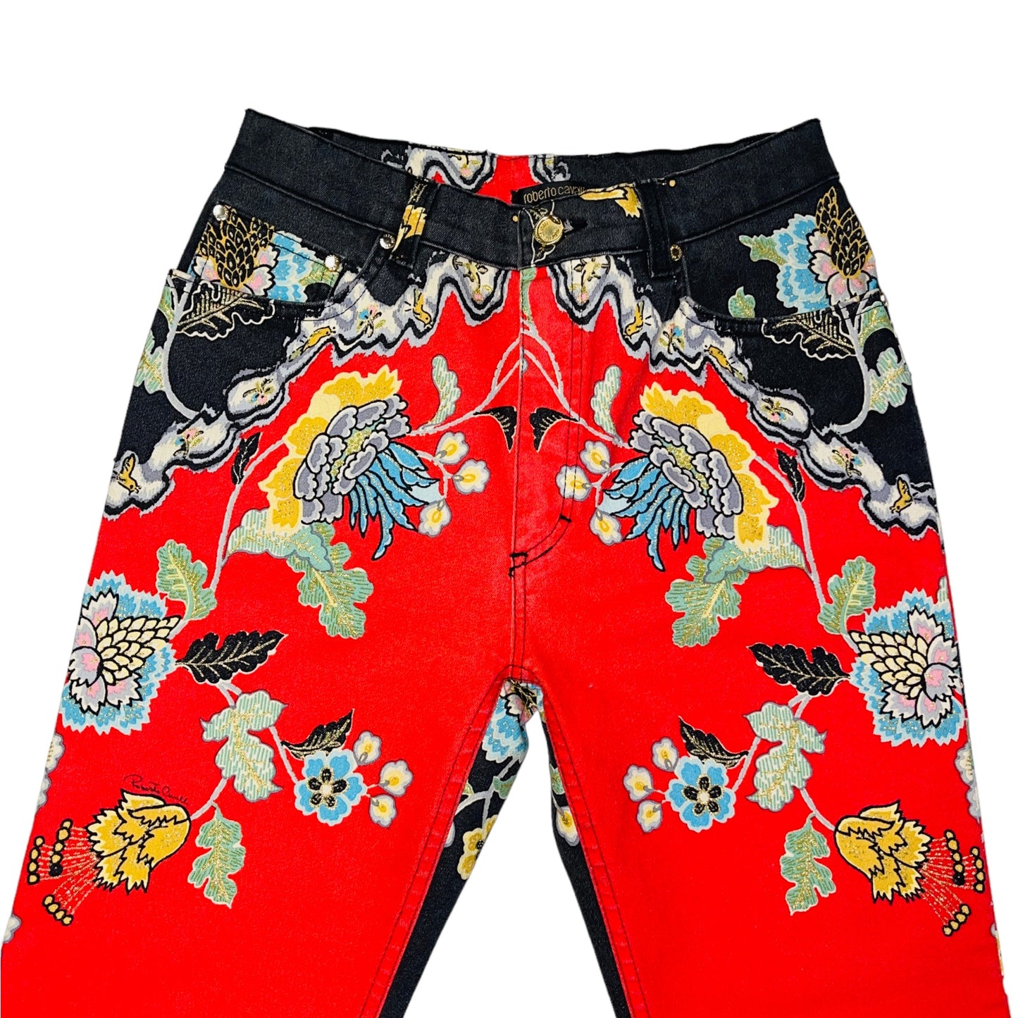 ROBERTO CAVALLI S/S 2003 Red Chinoiserie Chinese Motifs Denim Trouser Jeans - M