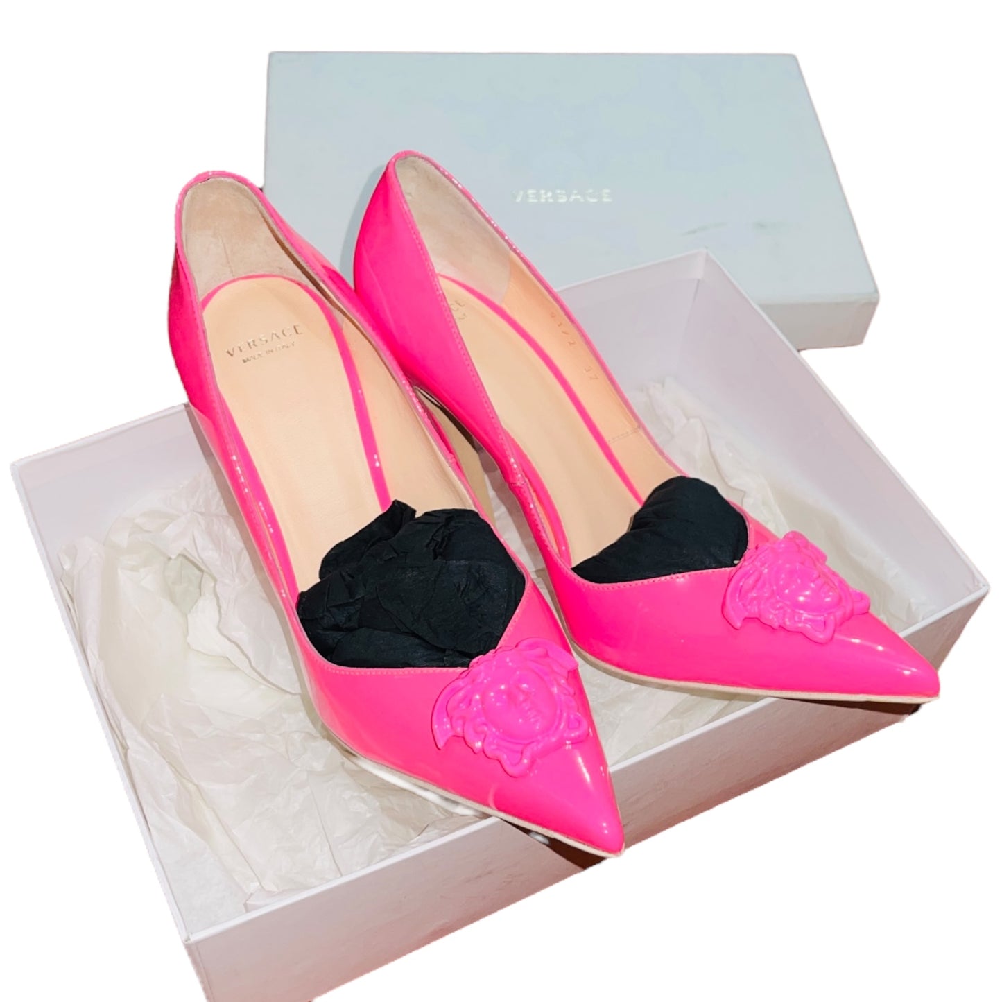 VERSACE Palazzo Hot Pink Neon Medusa Head Kitten Heel Stiletto Pumps - IT 37