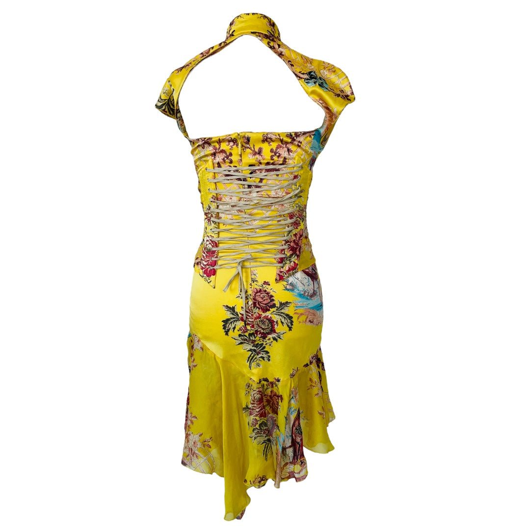 ROBERTO CAVALLI S/S 2003 Yellow Silk Chinoiserie Cheongsam w/ Corset Set - S/XS