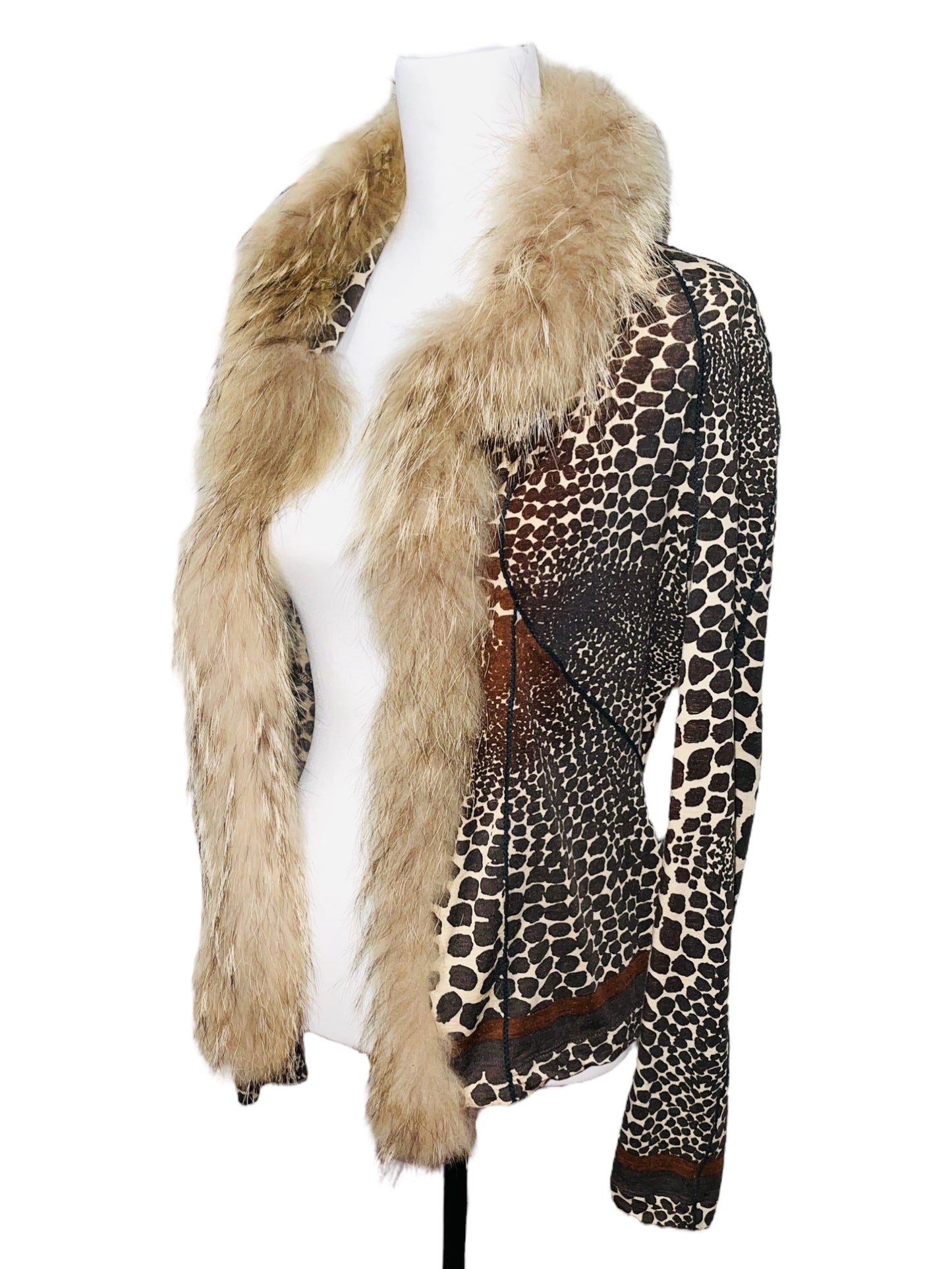 ROBERTO CAVALLI Y2K 2000s Fur Collar Giraffe Print Long Sleeve Cardigan - L