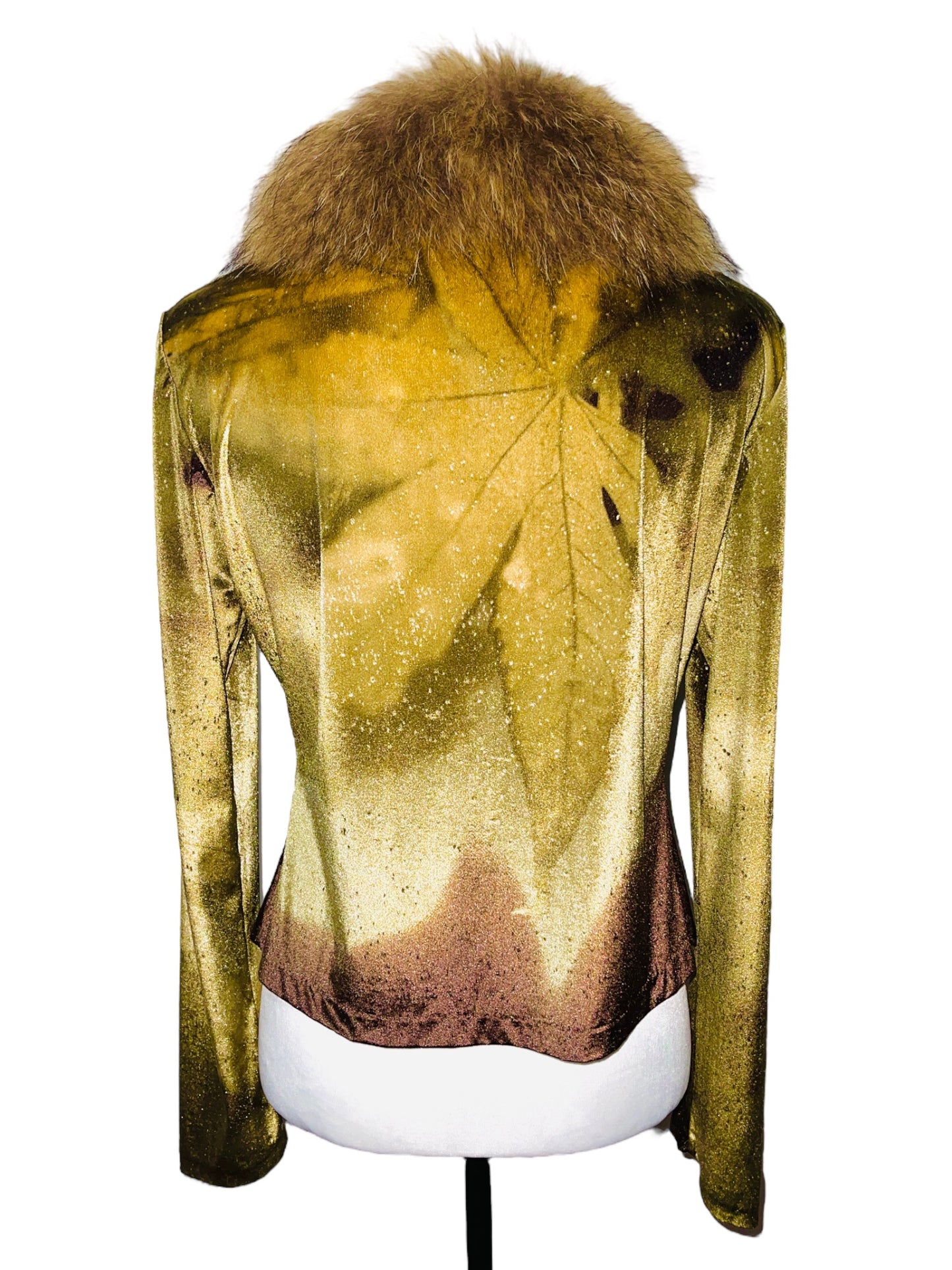 ROBERTO CAVALLI F/W 1999 Leaves Print Green Velvet and Fur Trimmed Cardigan - M