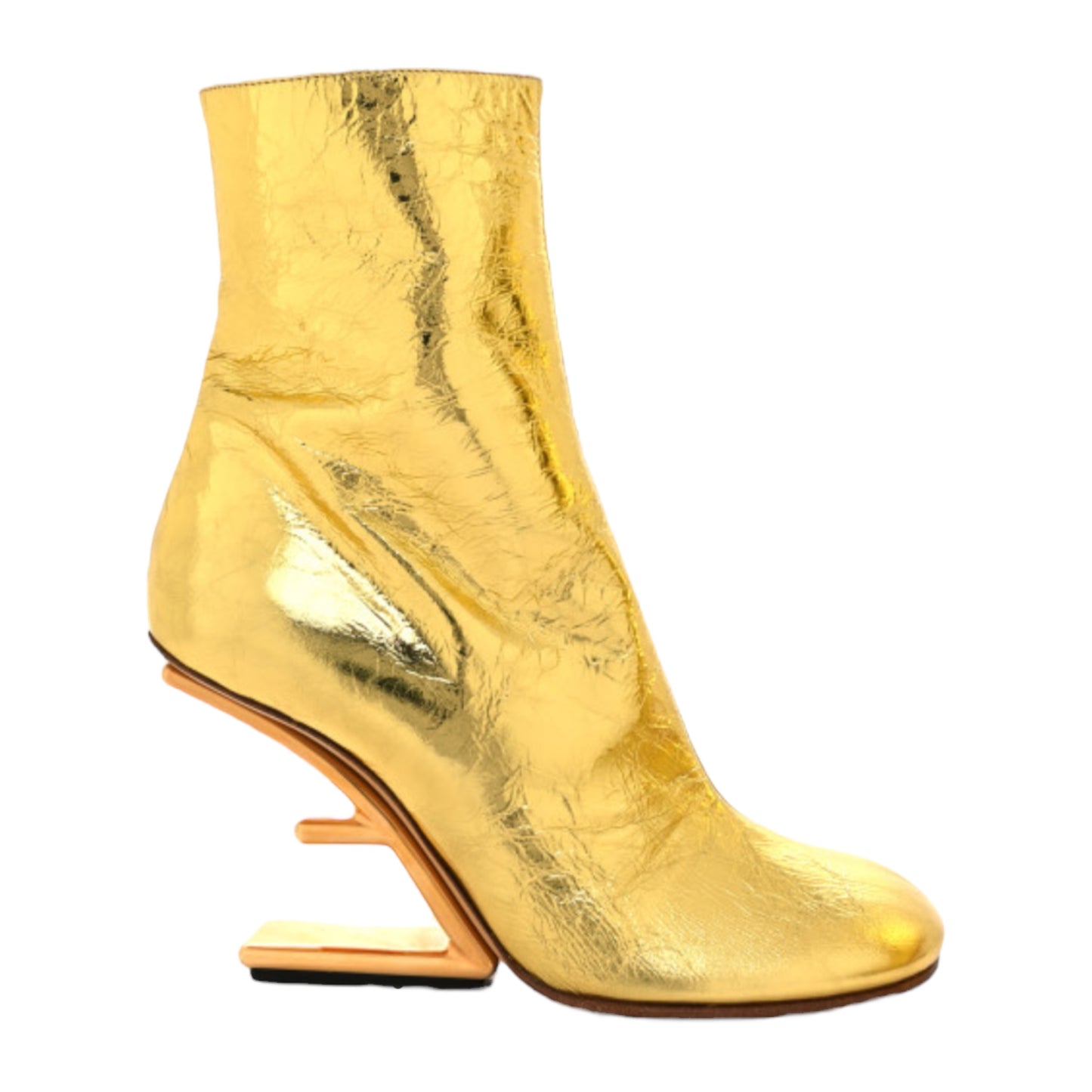 FENDI First Gold “F” Laminated Craquele Nappa Lambskin Leather 95mm Booties - IT 37