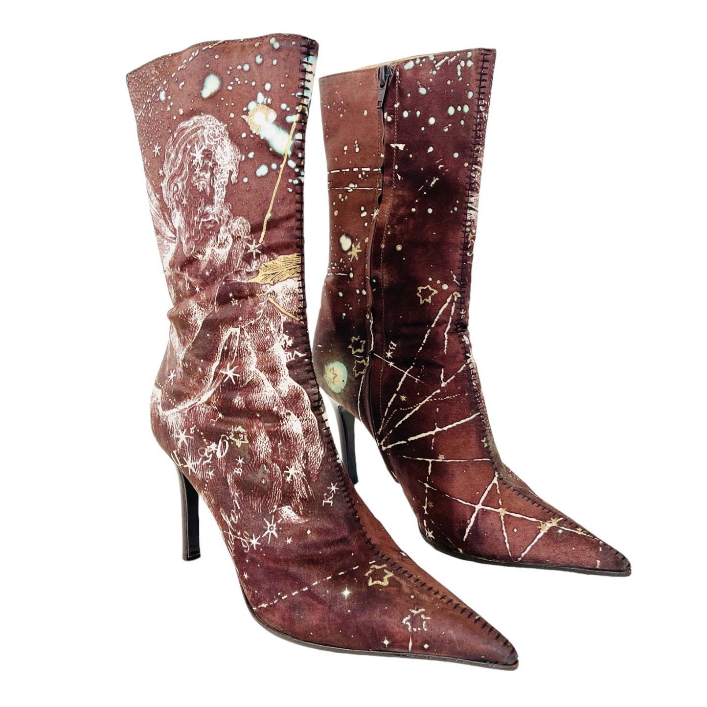 ROBERTO CAVALLI F/W 2003 Brown Satin Astrology Constellation Stars Boots - EU 38